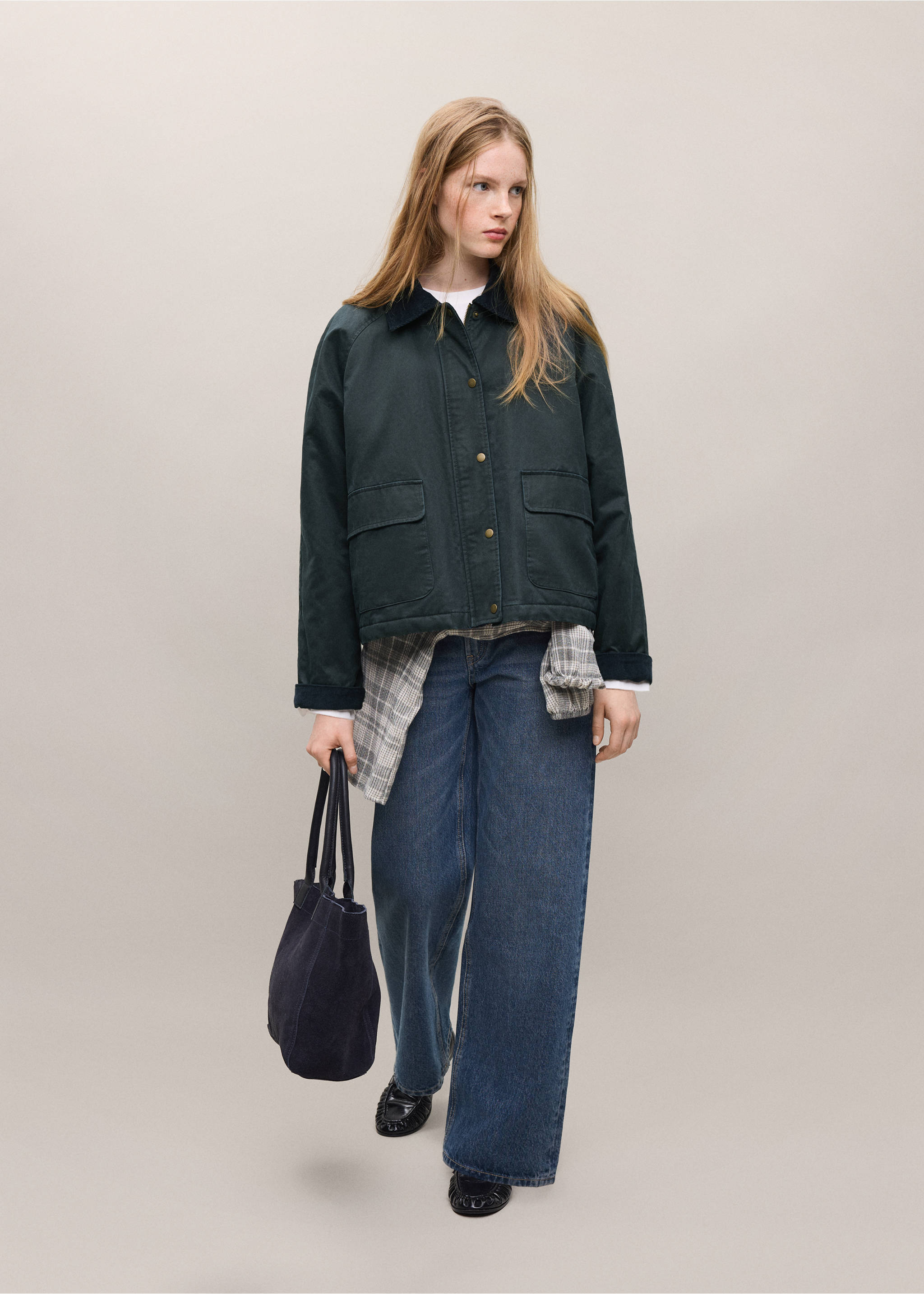 Dark green parka with a corduroy collar, worn with wide-leg denim trousers., Navy. Ref: 37035152-01.