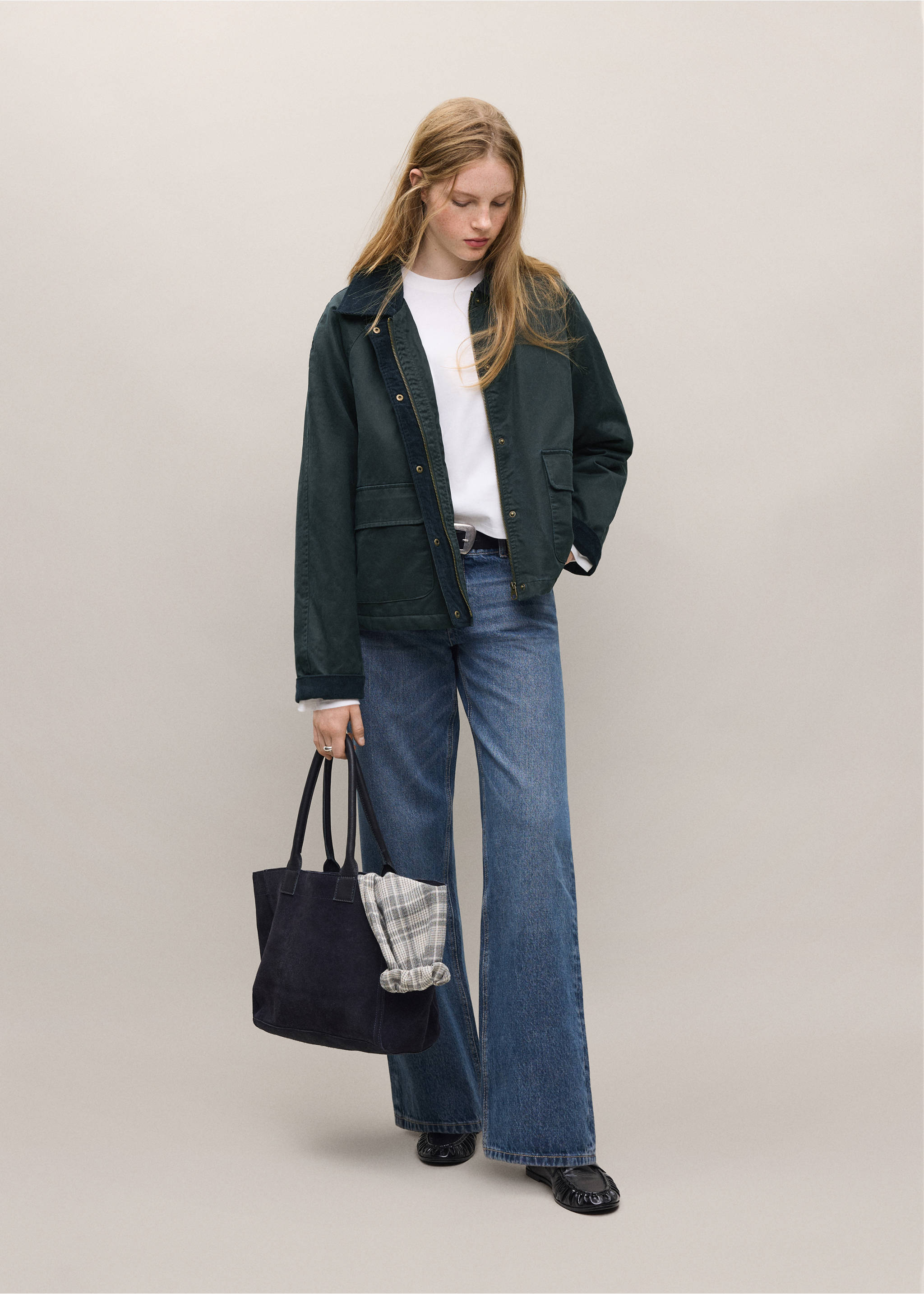 Dark green parka with contrasting collar and pockets, worn with a white t-shirt and blue denim trousers., Navy. Ref: 37035152-01.