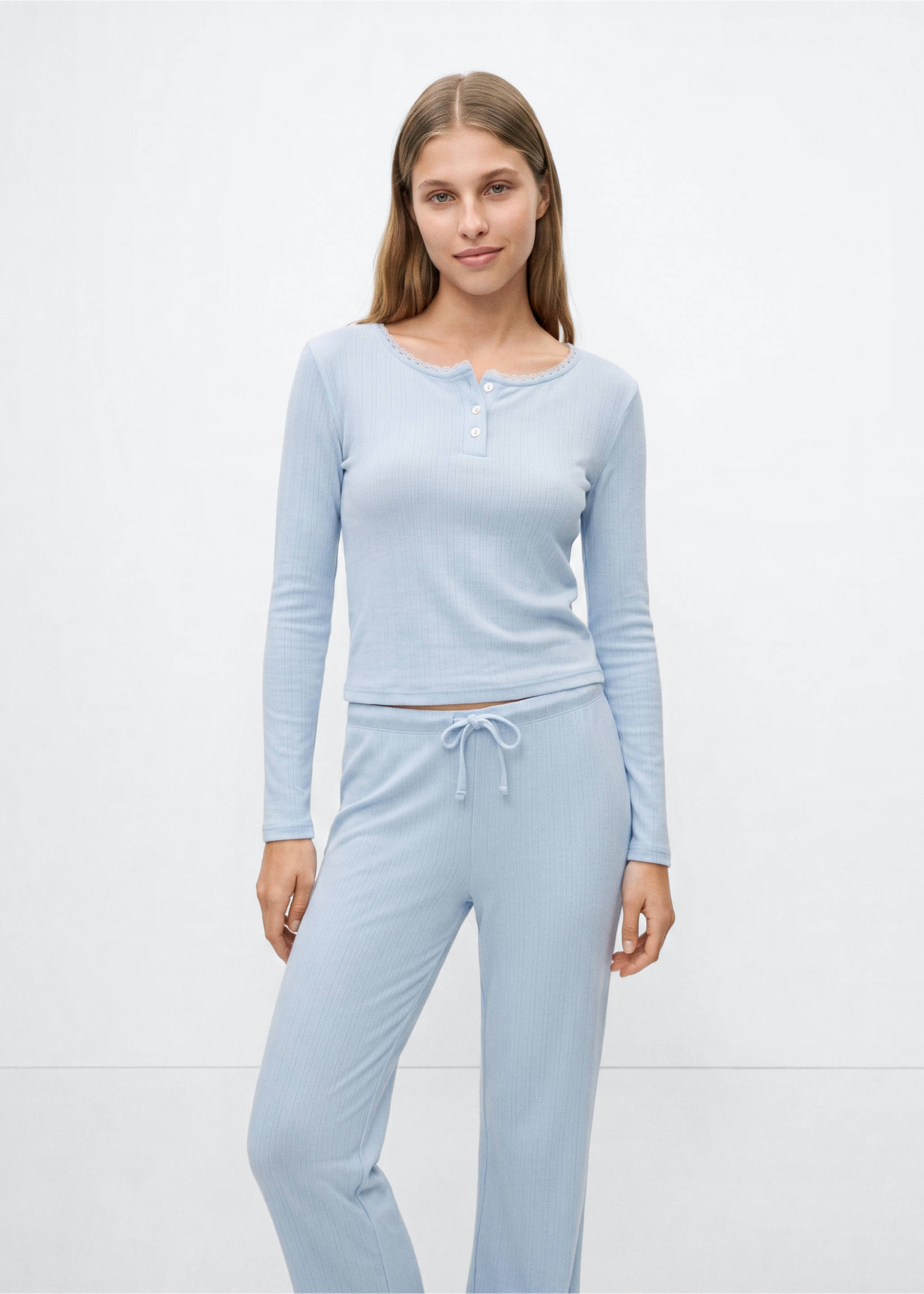 Complete cotton pyjamas with piping - Medium plane, Aqua Green. Ref: 37035167-00.