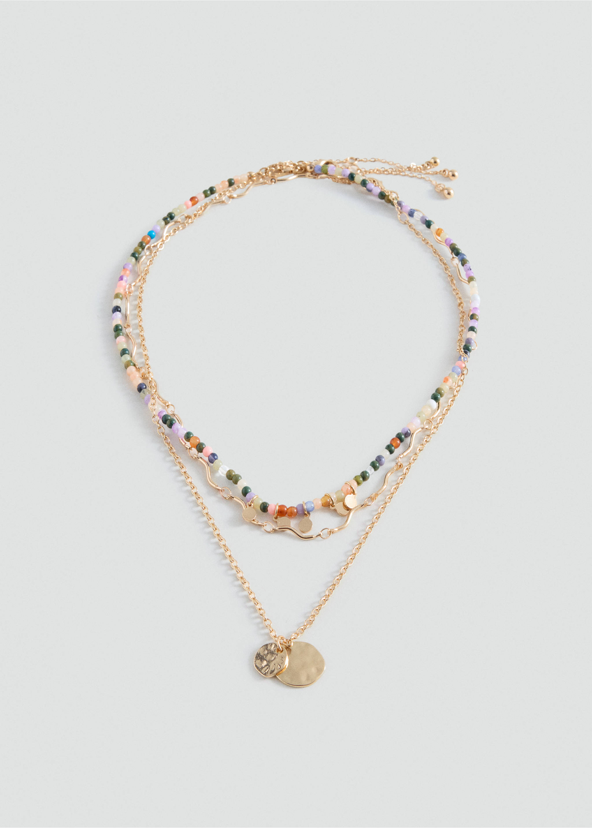Multistrand gold necklace with colorful beads and textured coin charms., Gold. Ref: 37035178-00.