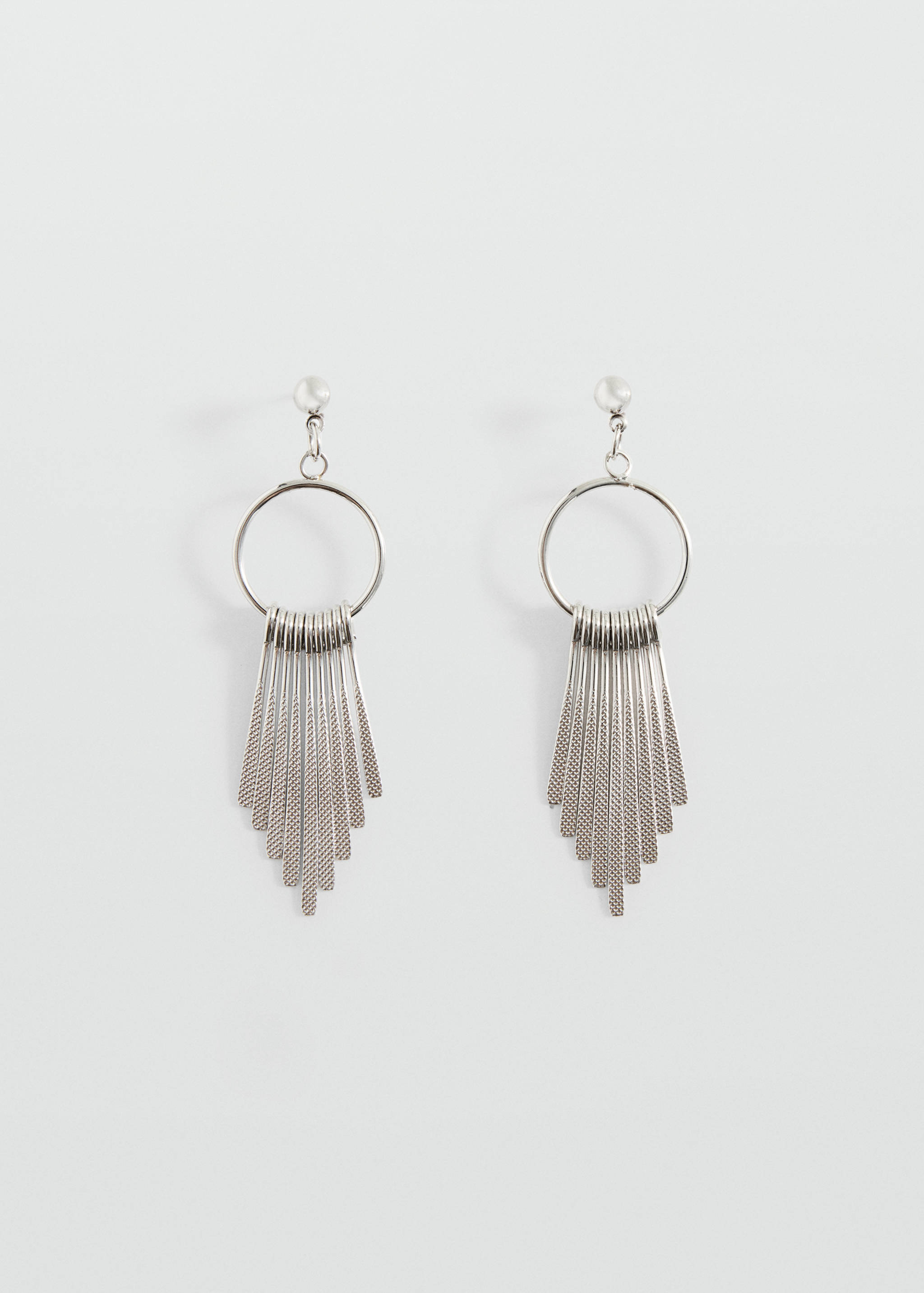 Silver-toned drop earrings with hoops and cascading fringe.