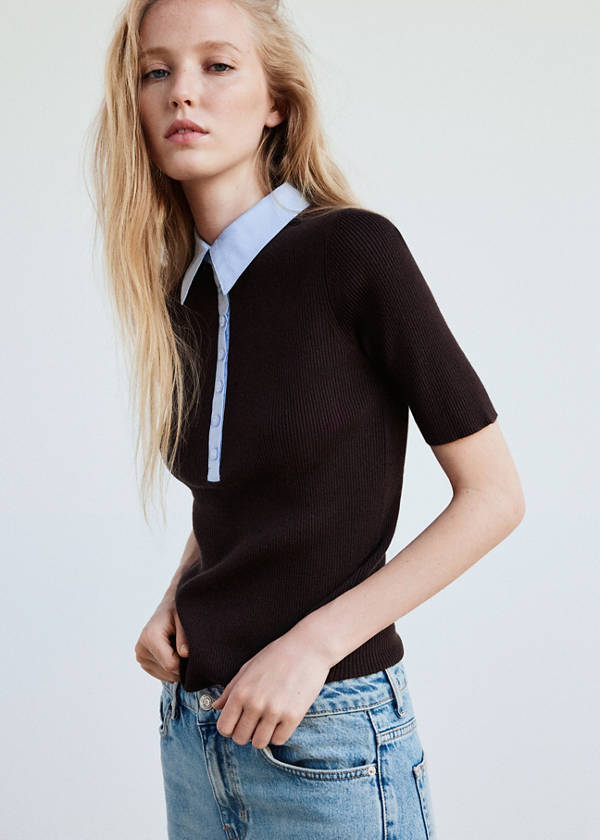 Ribbed jersey with contrast collar — Chocolate