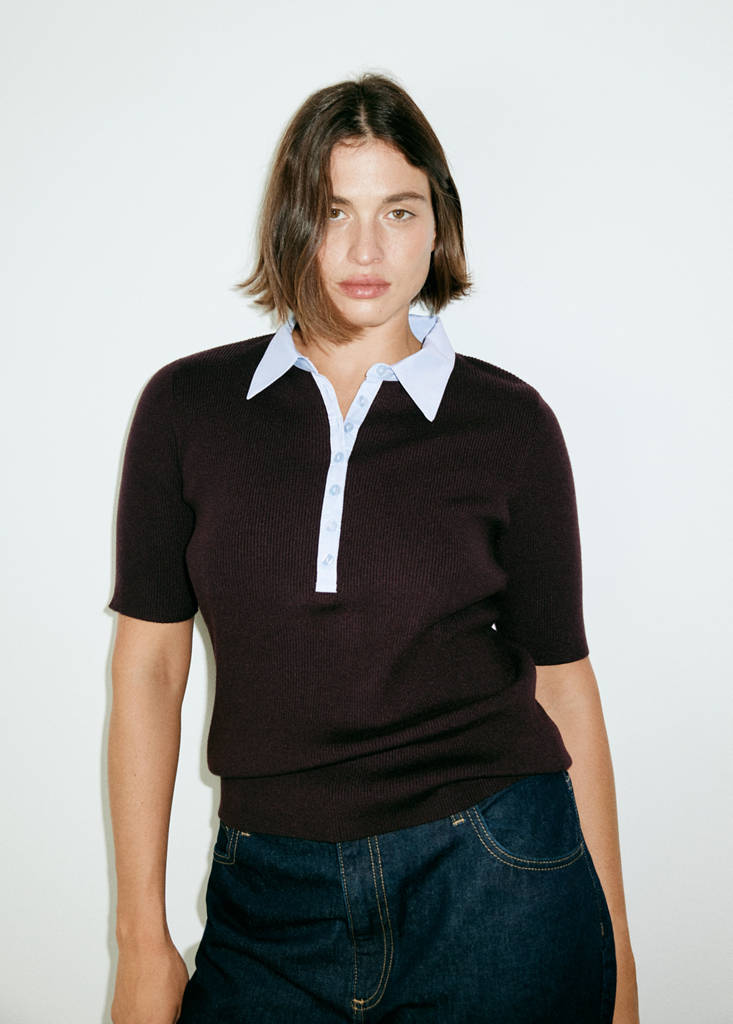 Ribbed jersey with contrast collar — Chocolate