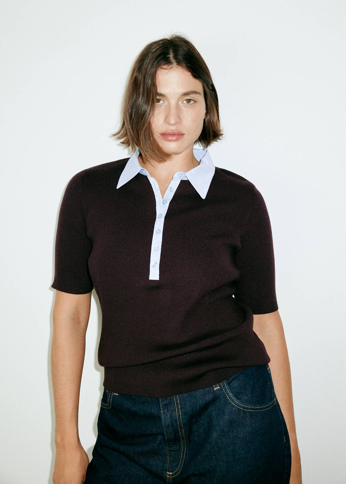 Ribbed jersey with contrast collar — Chocolate
