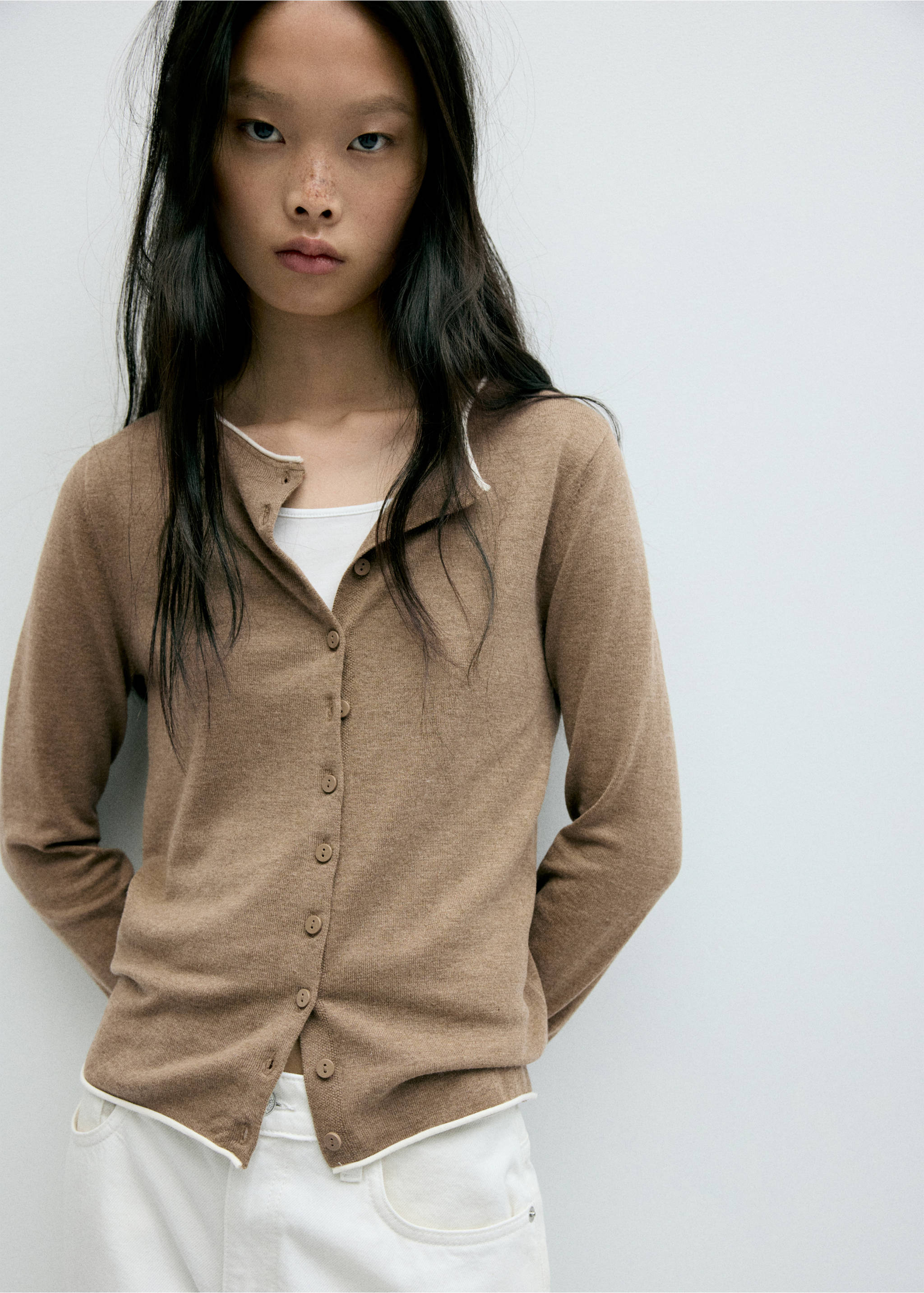 Knit cardigan with contrasting trims - Medium plane, Medium Brown. Ref: 37035838-00.
