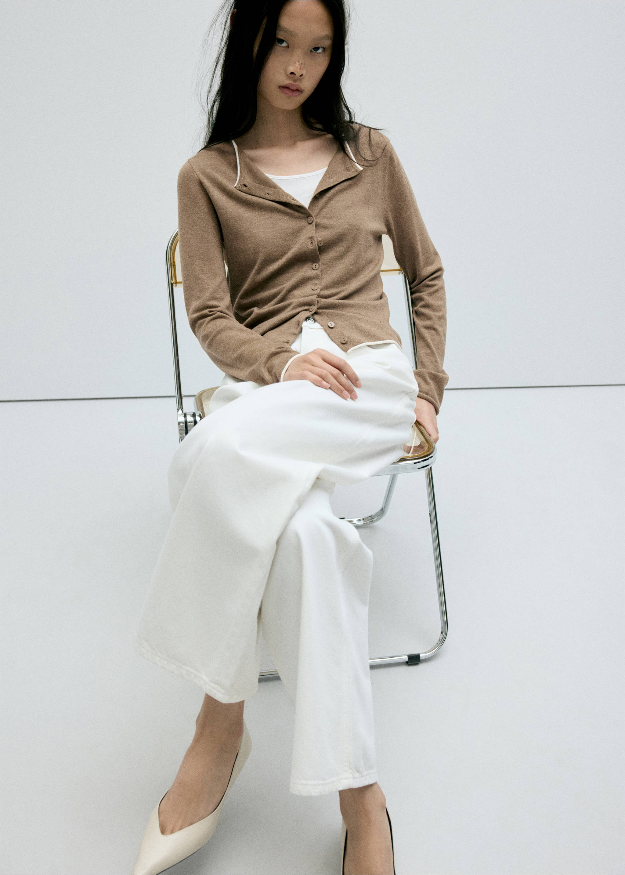 Knit cardigan with contrasting trims - Details of the article 1, Medium Brown. Ref: 37035838-00.