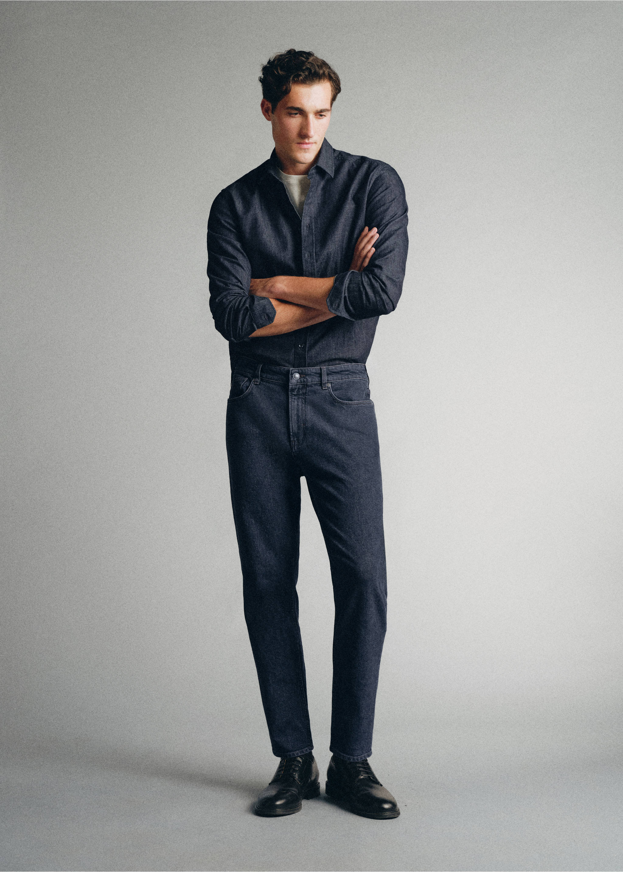 Premium cotton tapered-fit jeans - General plane, Black denim. Ref: 37035840-00.