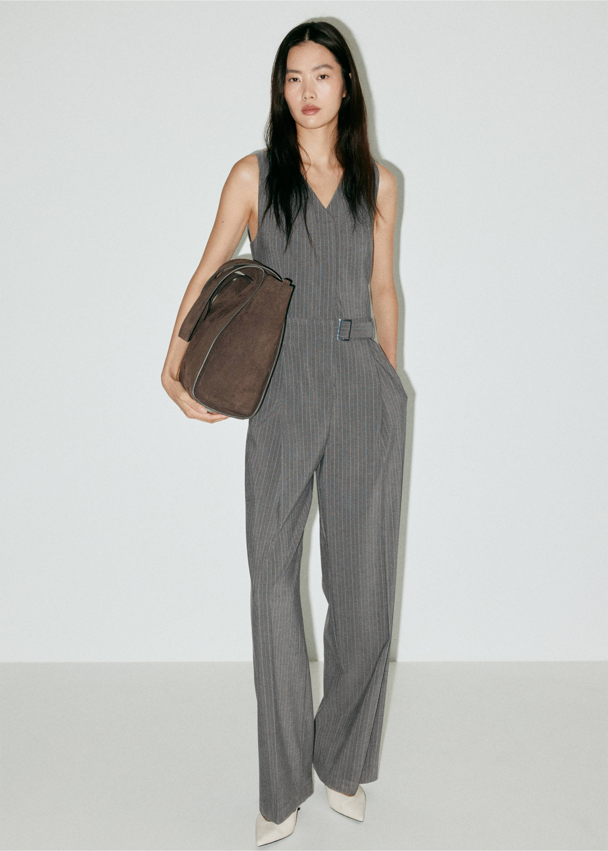 Pinstripe jumpsuit with belt - General plane, Grey. Ref: 37035842-00.