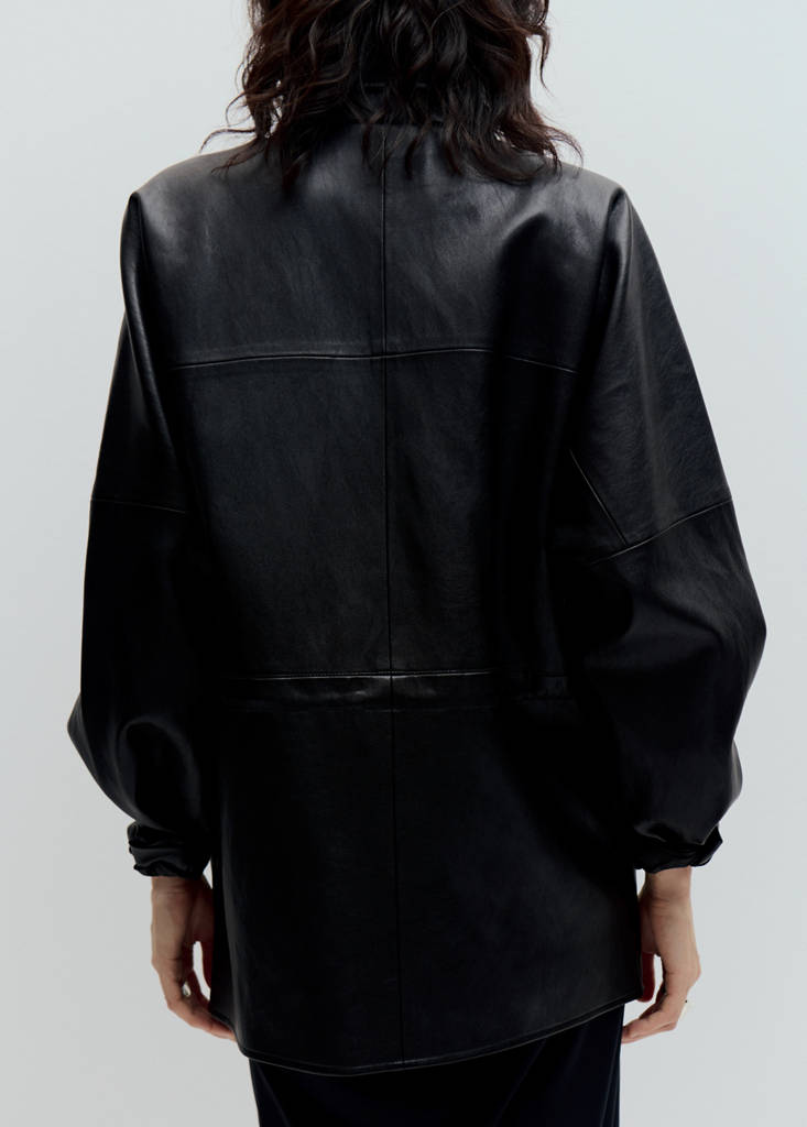 Faux leather funnel neck jacket — Black