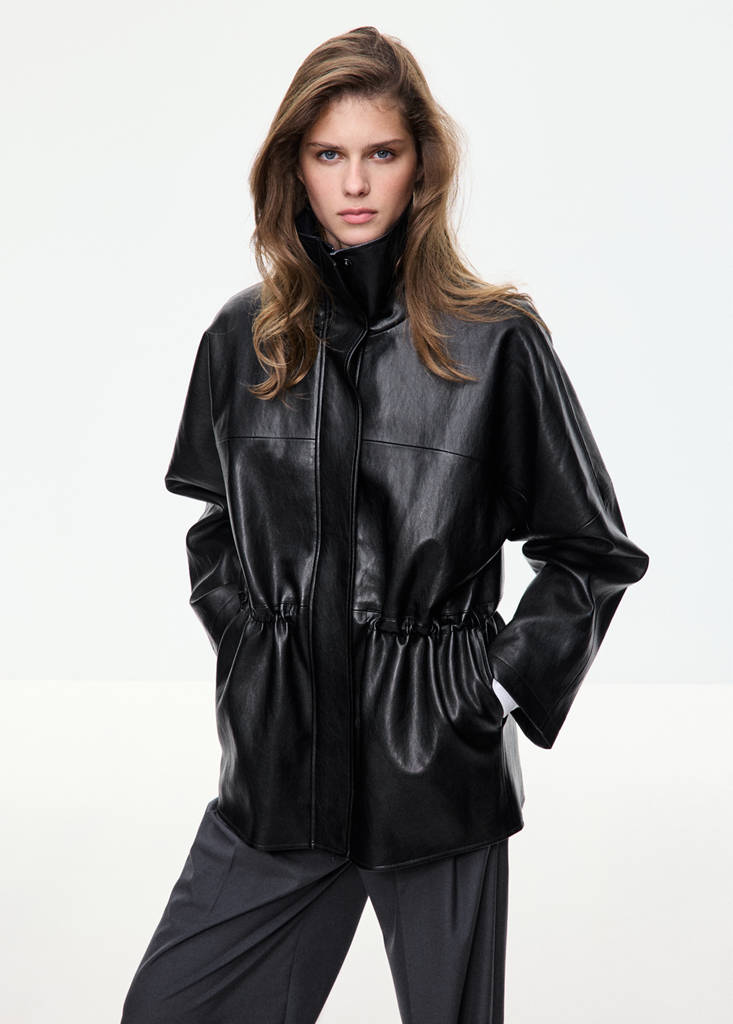 Faux leather funnel neck jacket — Black