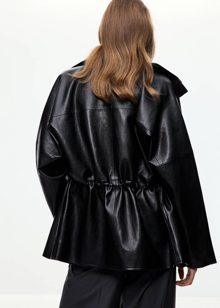 Faux leather funnel neck jacket — Black