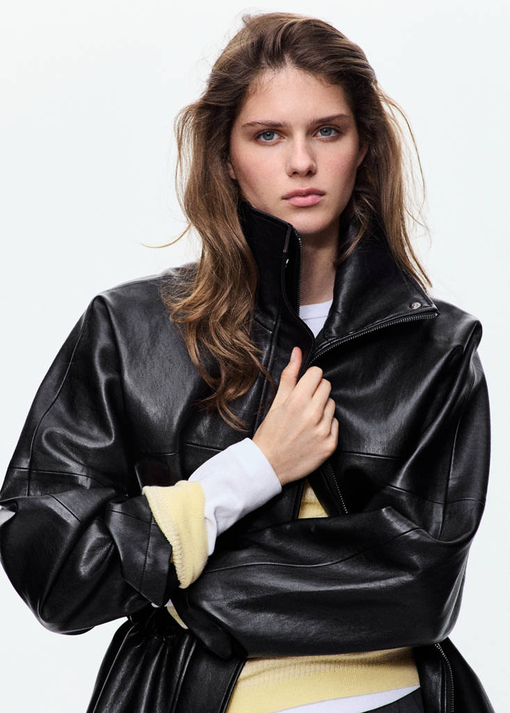 Faux leather funnel neck jacket — Black