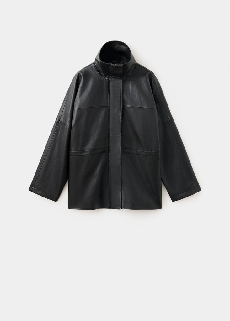 Faux leather funnel neck jacket — Black