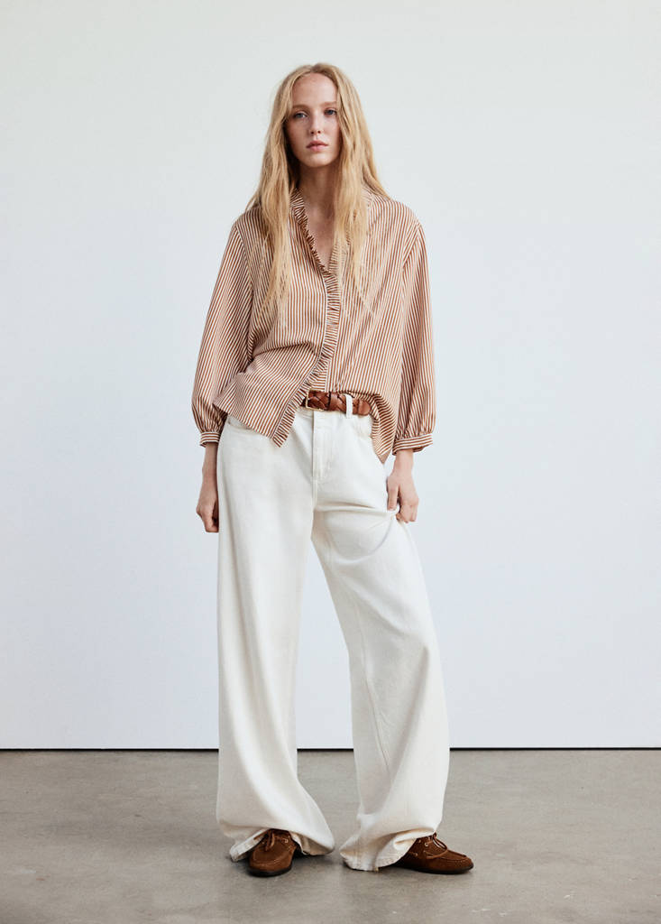 Striped blouse with frill detail — Brown