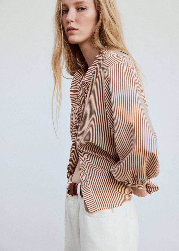 Striped blouse with frill detail — Brown
