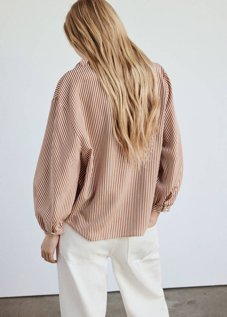 Striped blouse with frill detail — Brown