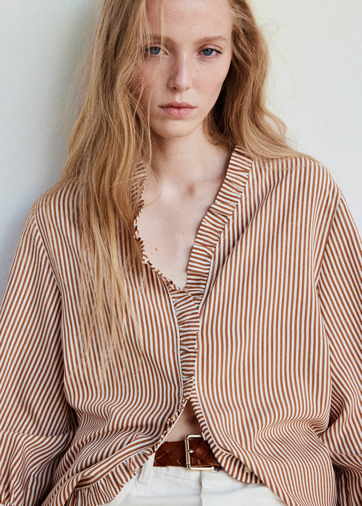 Striped blouse with frill detail — Brown