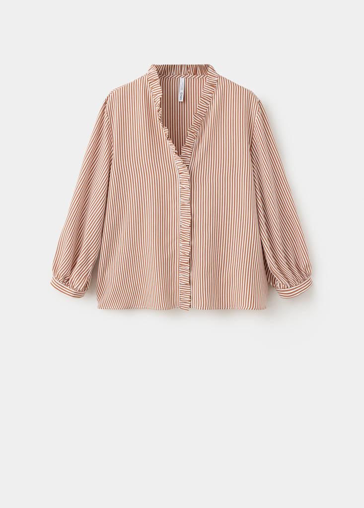 Striped blouse with frill detail — Brown