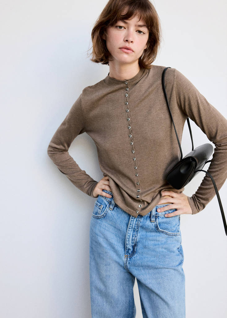 Fine-knit cardigan with metal buttons — Medium Brown