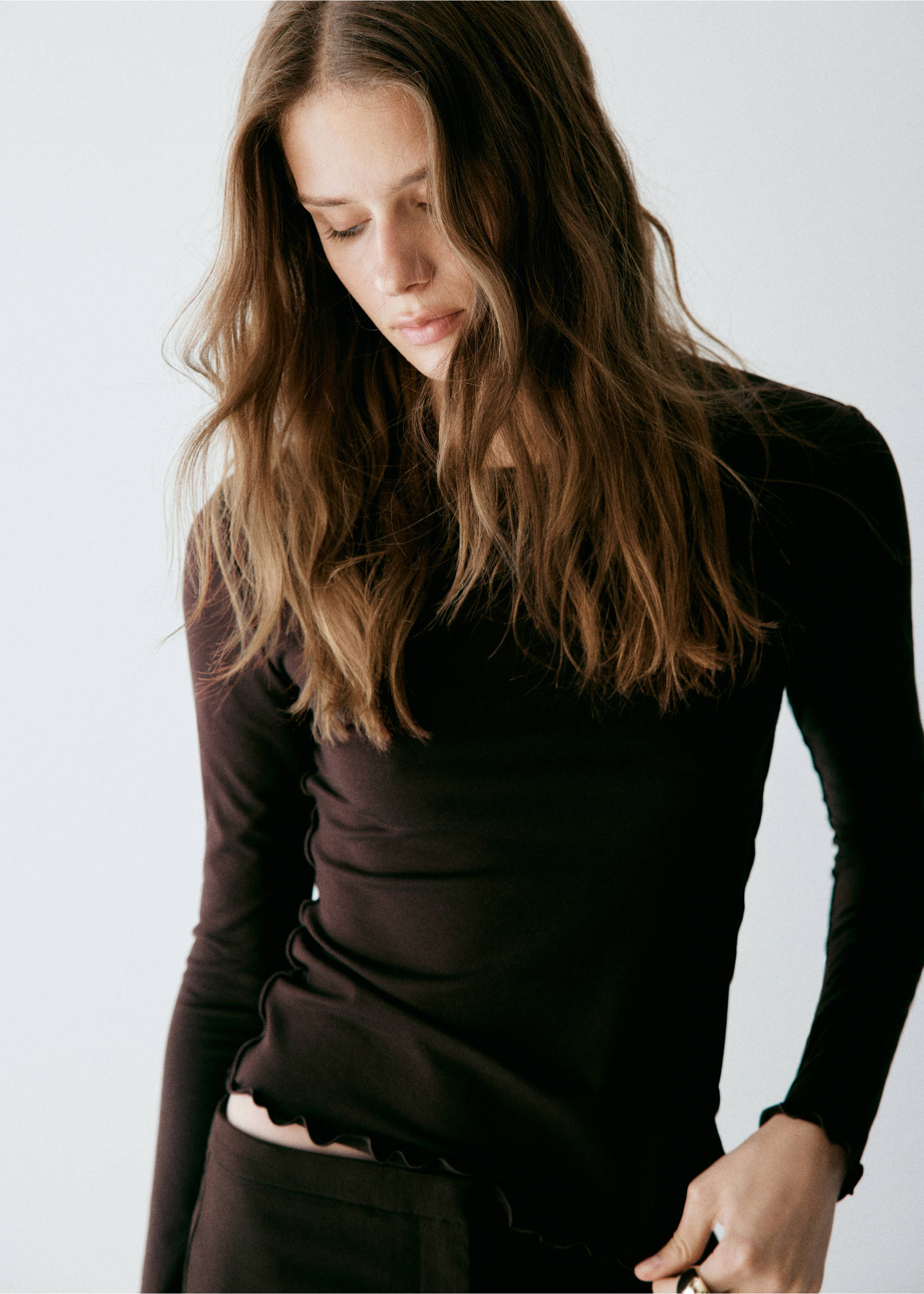 Ribbed T-shirt with scalloped trim - Medium plane, Chocolate. Ref: 37035852-00.