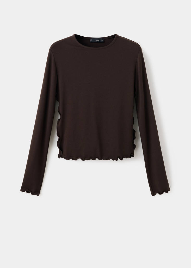 Ribbed T-shirt with scalloped trim — Chocolate