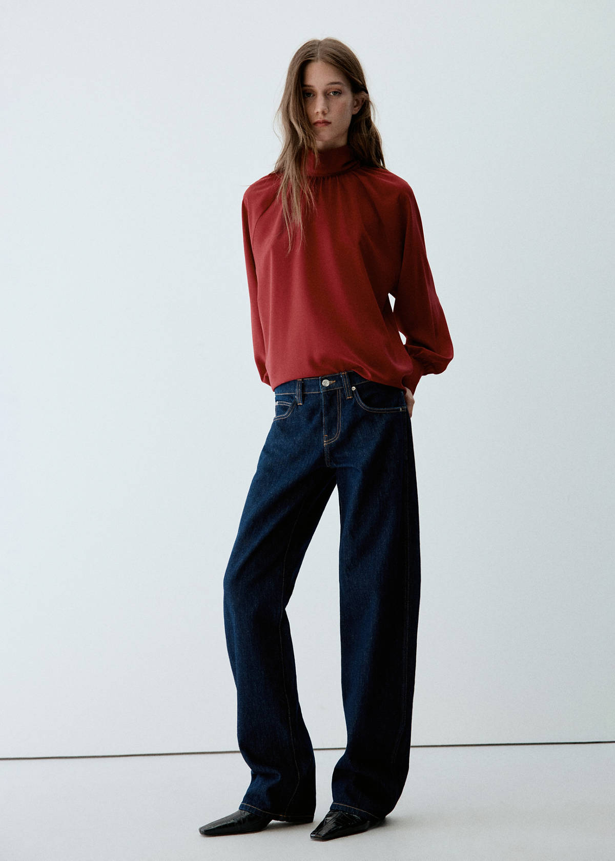 Ruched roll-neck blouse — Maroon