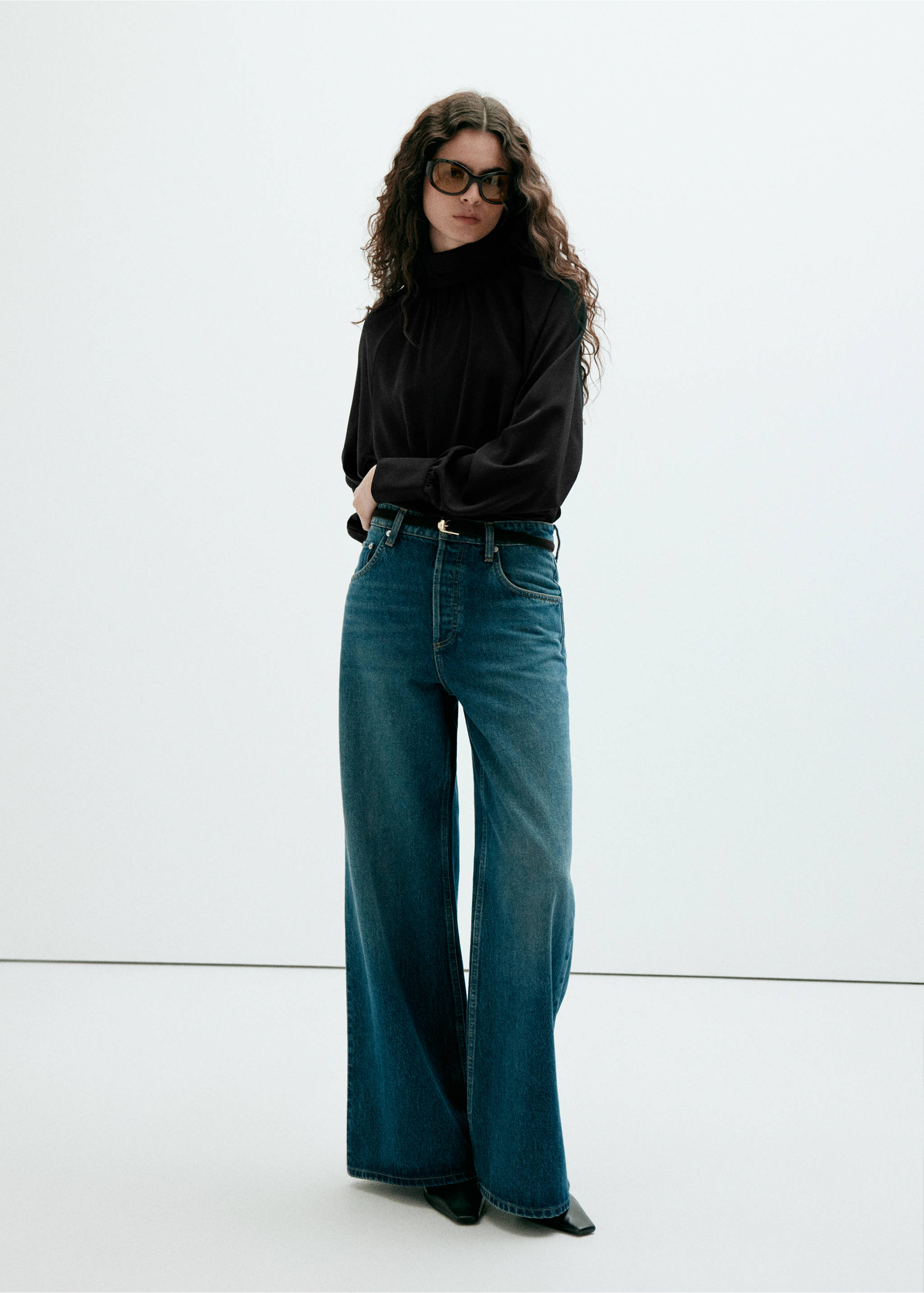 Gathered mock-neck blouse - General plane, Black. Ref: 37035860-00.