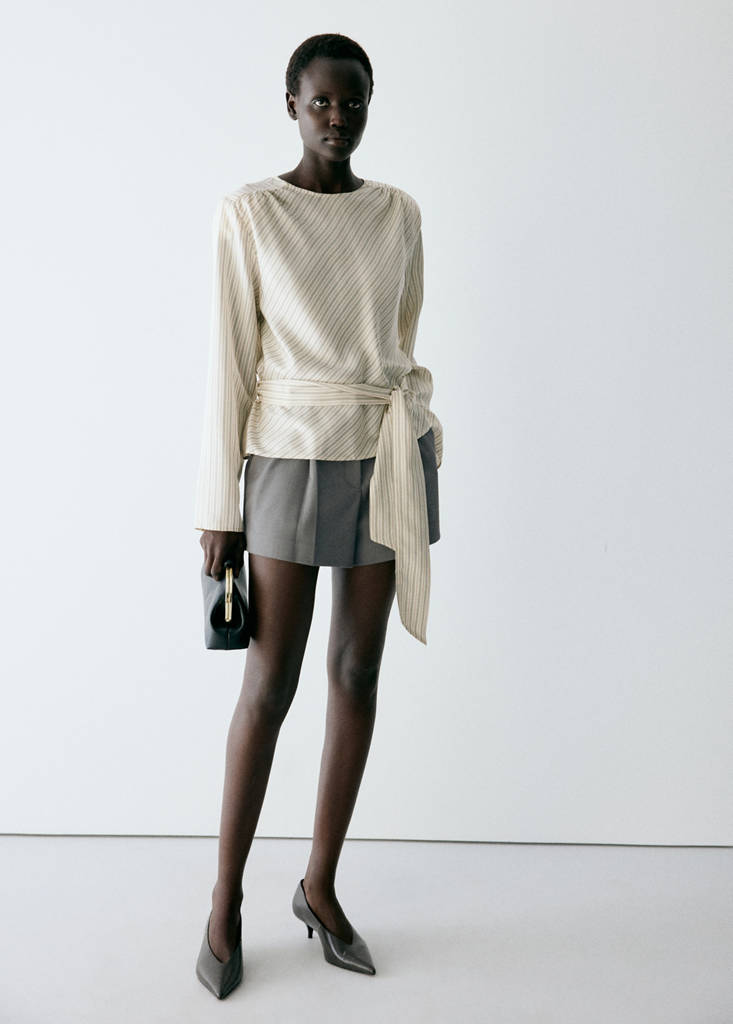 Striped blouse with tie at the waist — Ecru