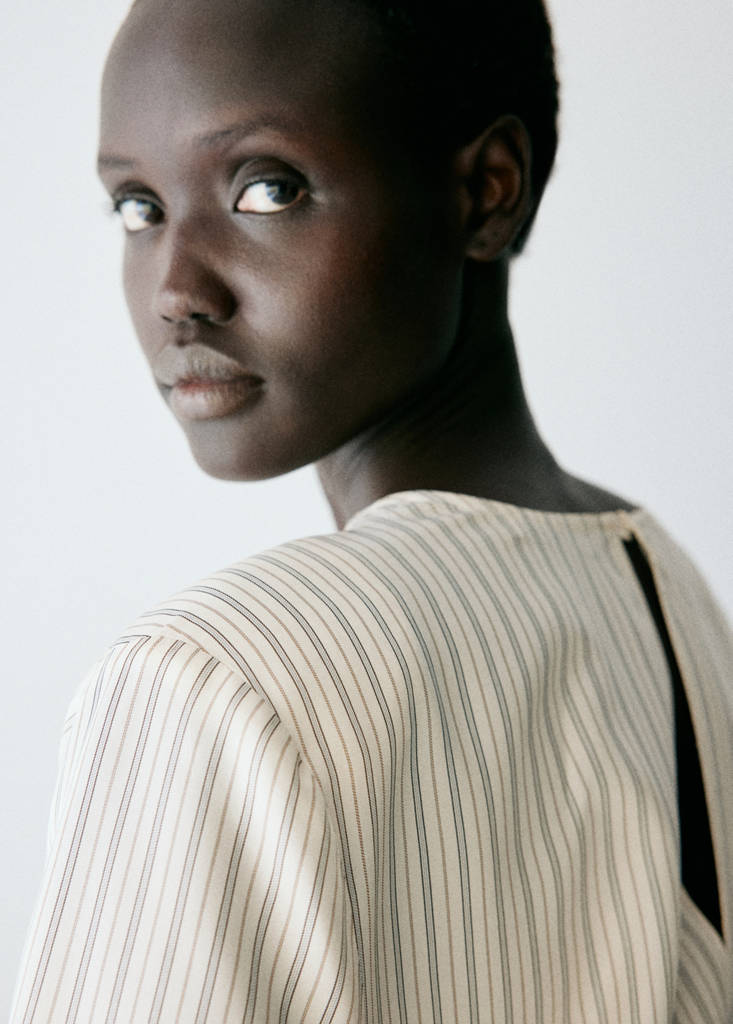 Striped blouse with tie at the waist — Ecru
