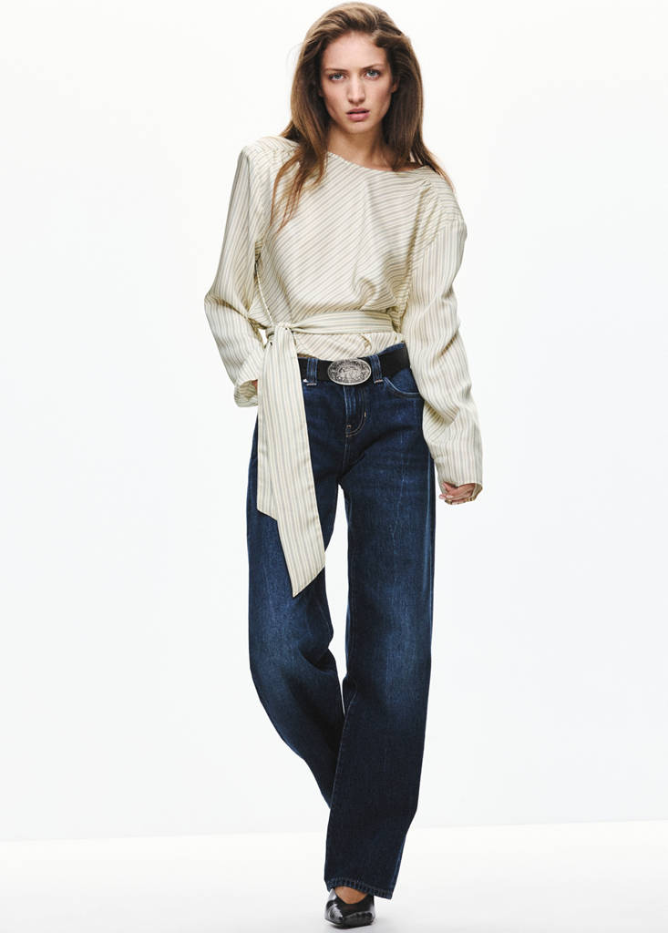 Striped blouse with tie at the waist — Ecru