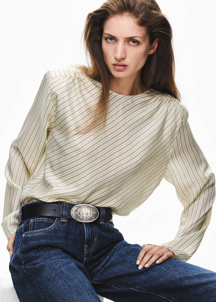 Striped blouse with tie at the waist — Ecru
