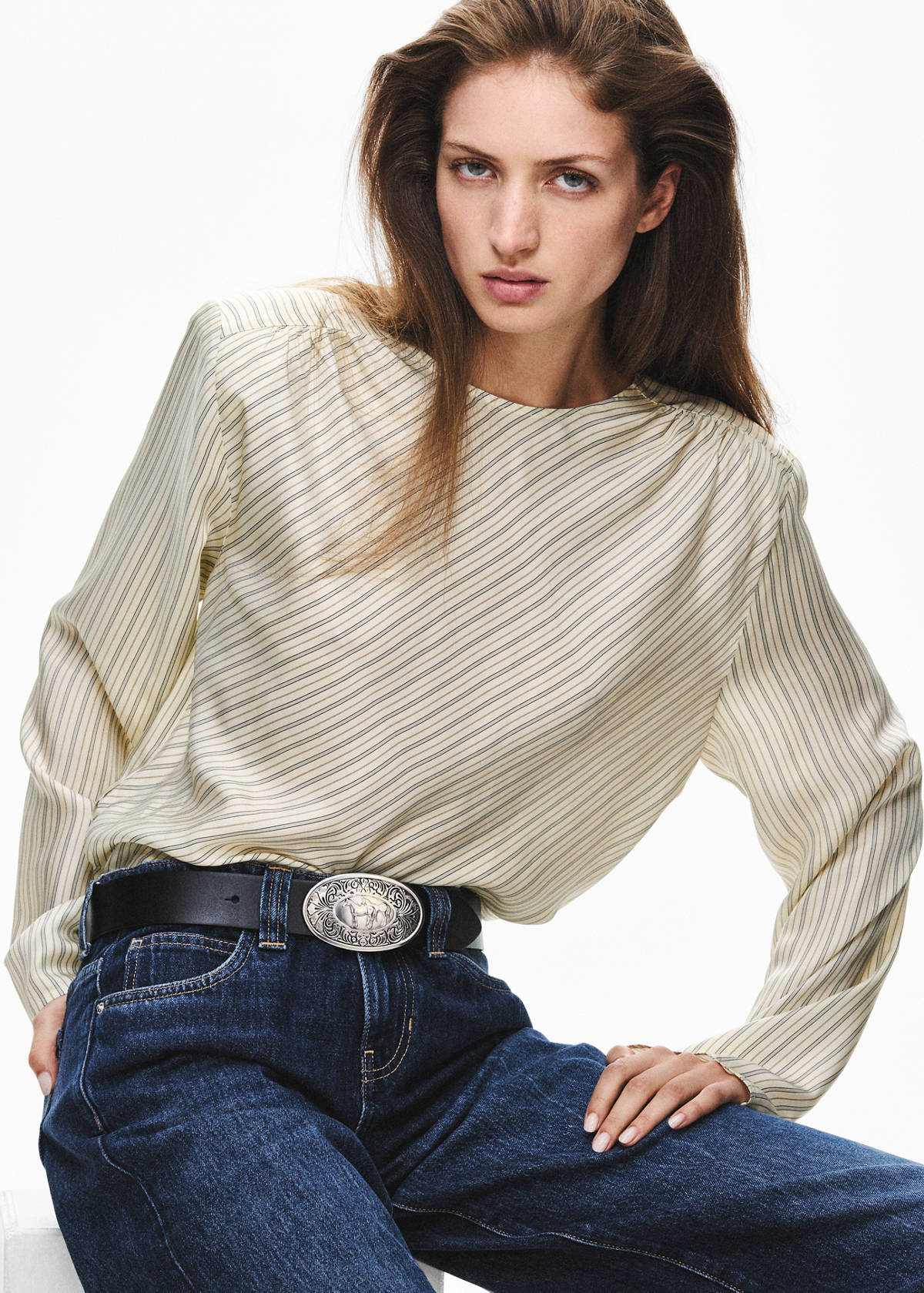 Striped blouse with tie at the waist — Ecru