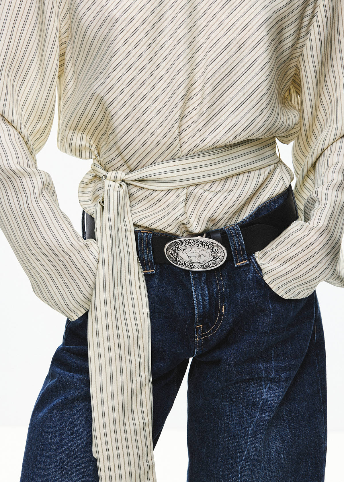 Striped blouse with tie at the waist — Ecru