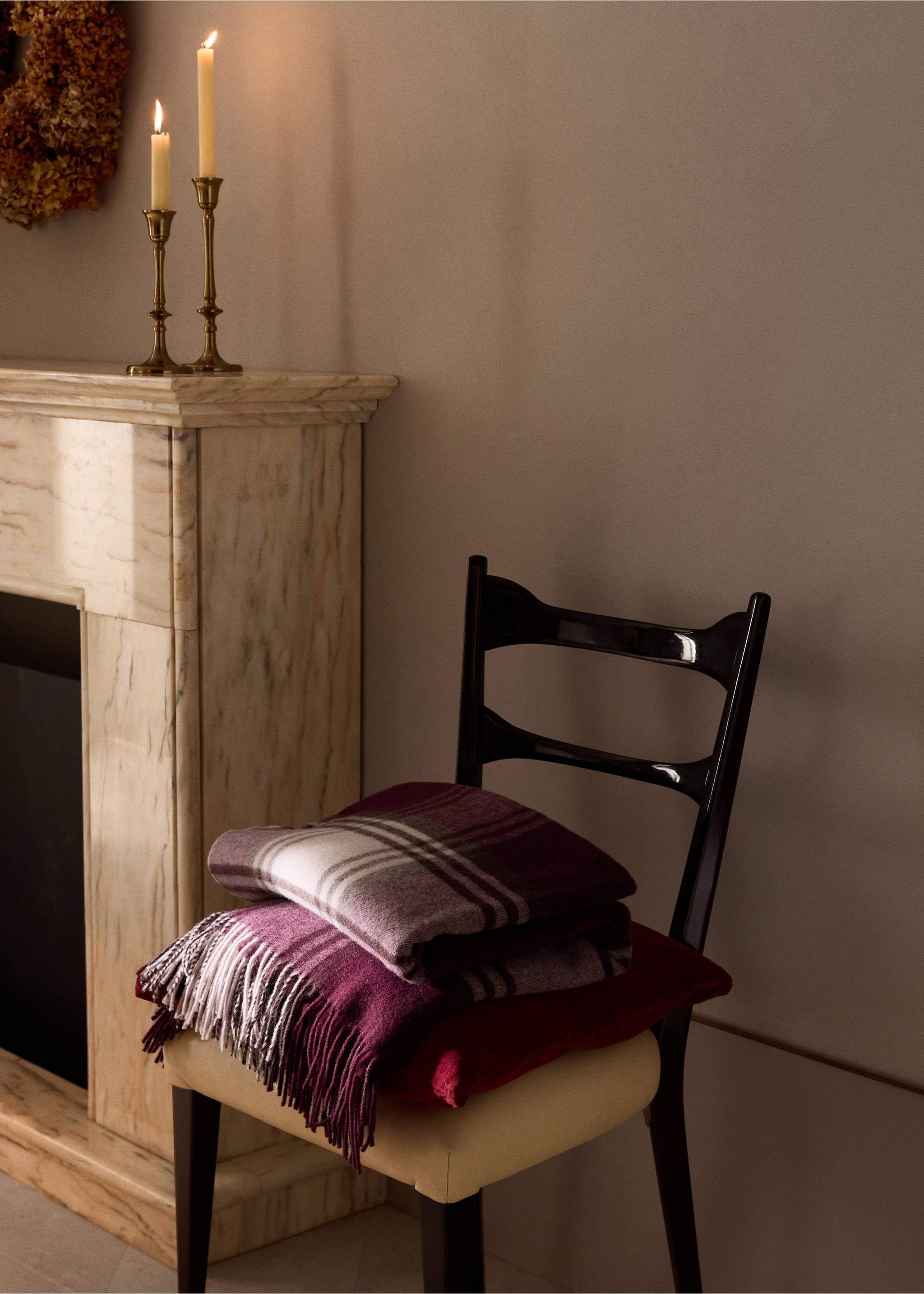 Burgundy and cream plaid blanket folded on a chair., Red. Ref: 37035866-00.