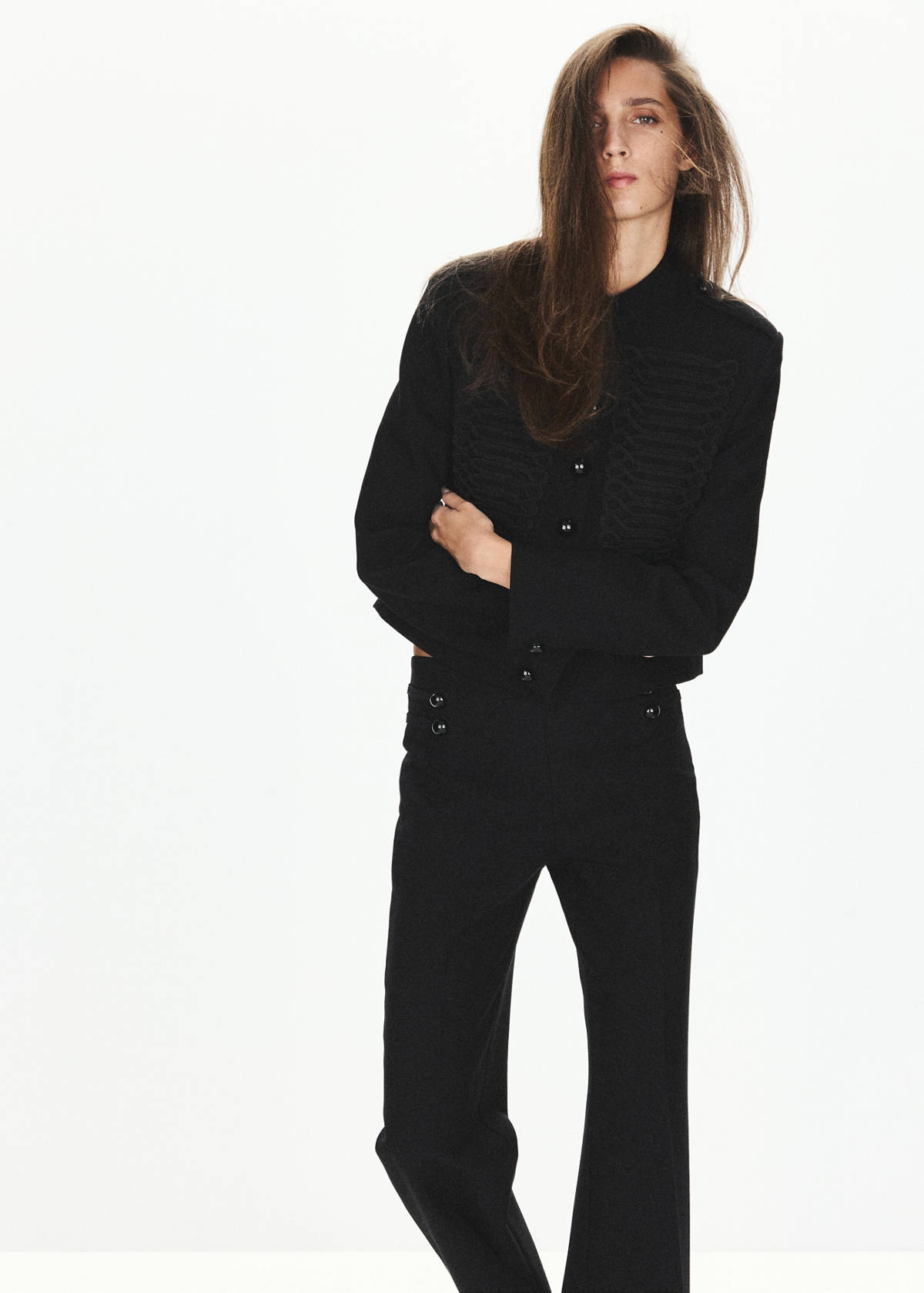 Frog-button jacket with band collar — Black