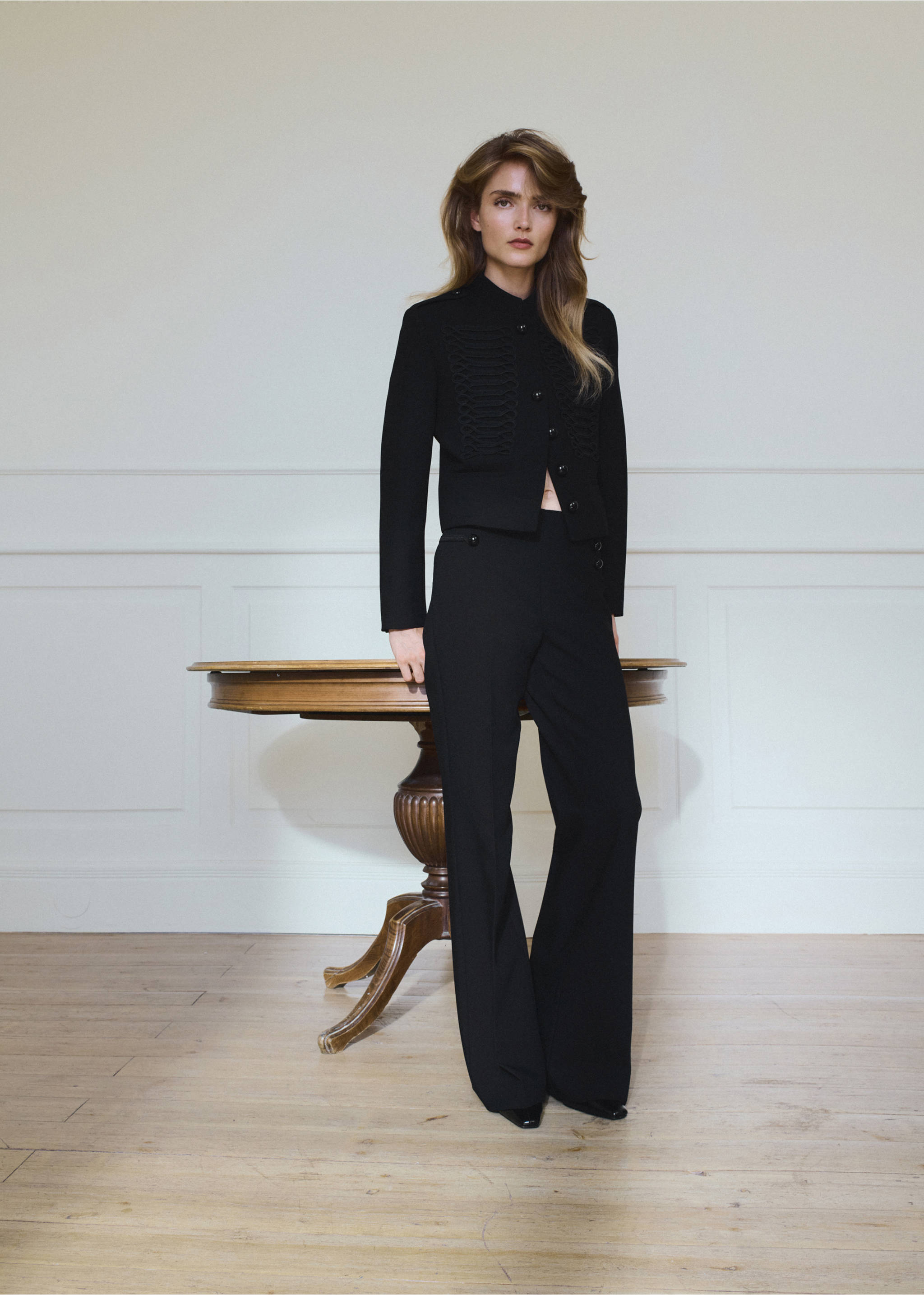 Black mandarin collar jacket with braided chest braiding and matching trousers., Black. Ref: 37035870-01.