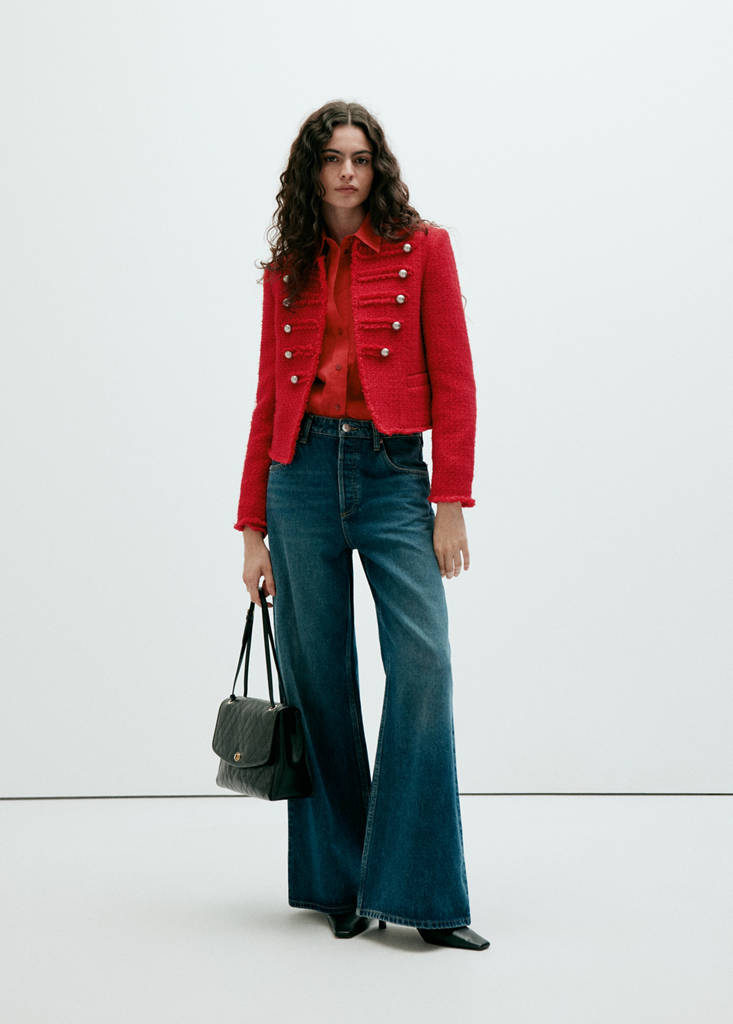 Tweed jacket with decorative frogging closures — Red