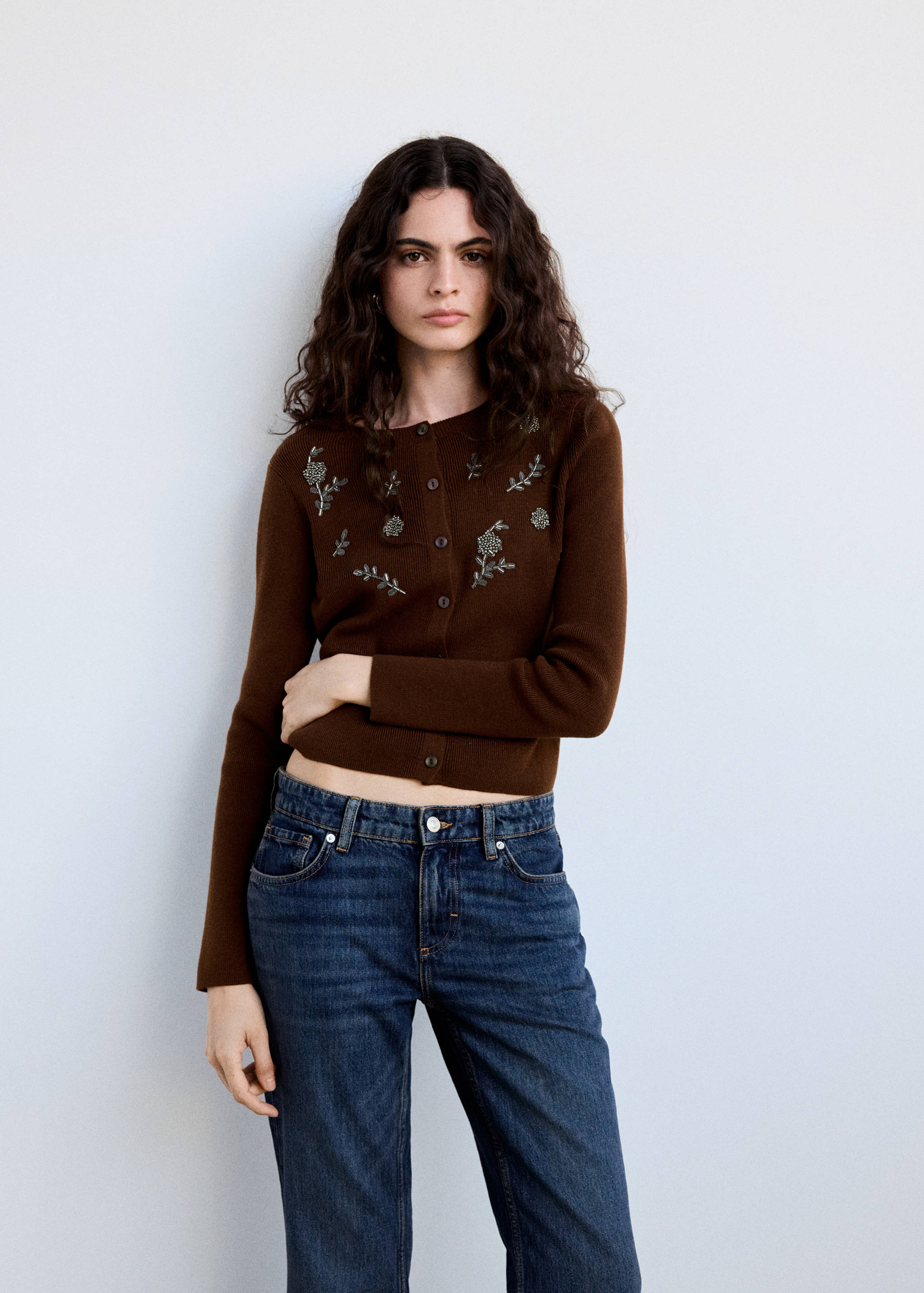 Bead-embroidered knit cardigan - Medium plane