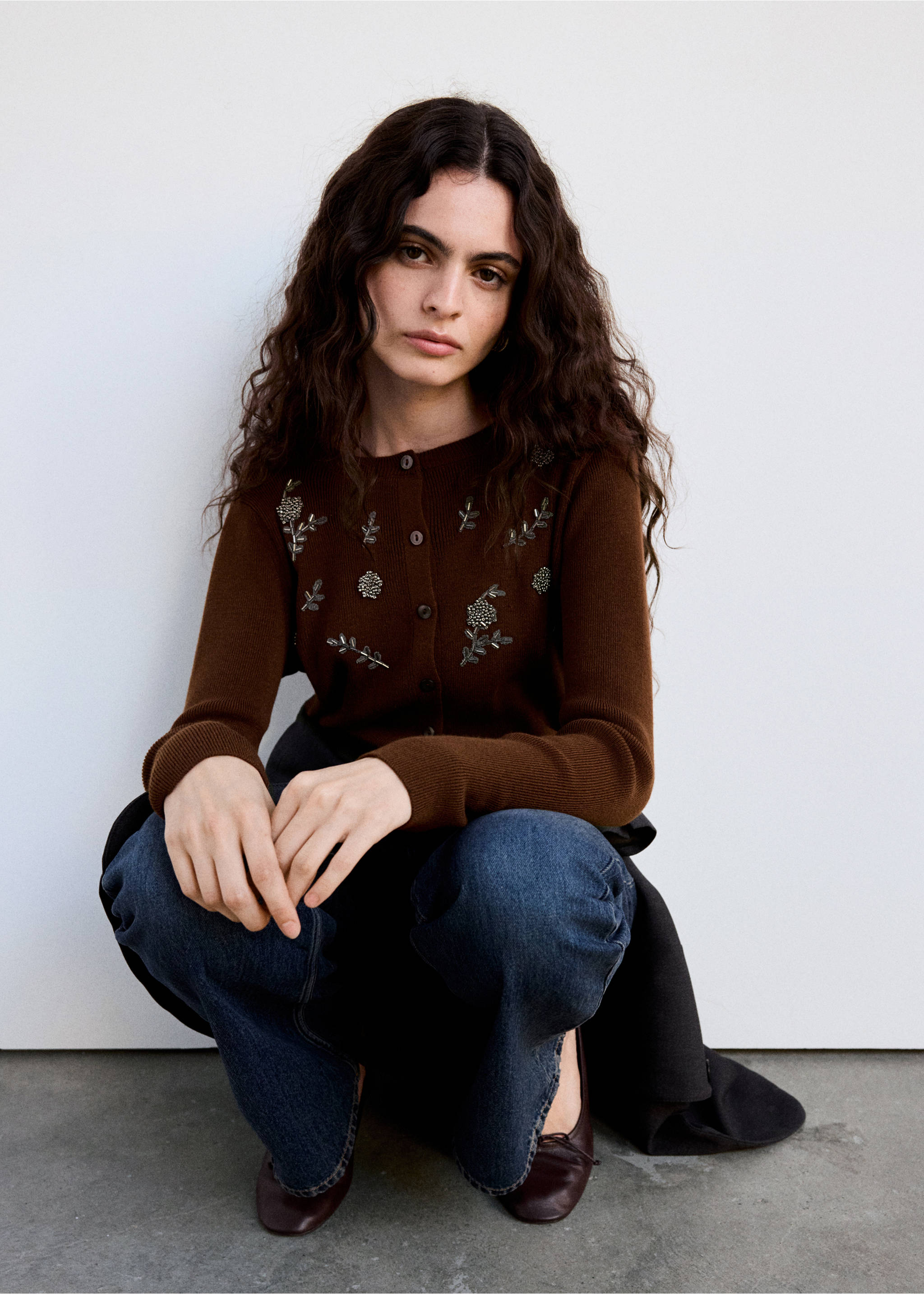Bead-embroidered knit cardigan - Details of the article 1, Brown. Ref: 37035880-00.