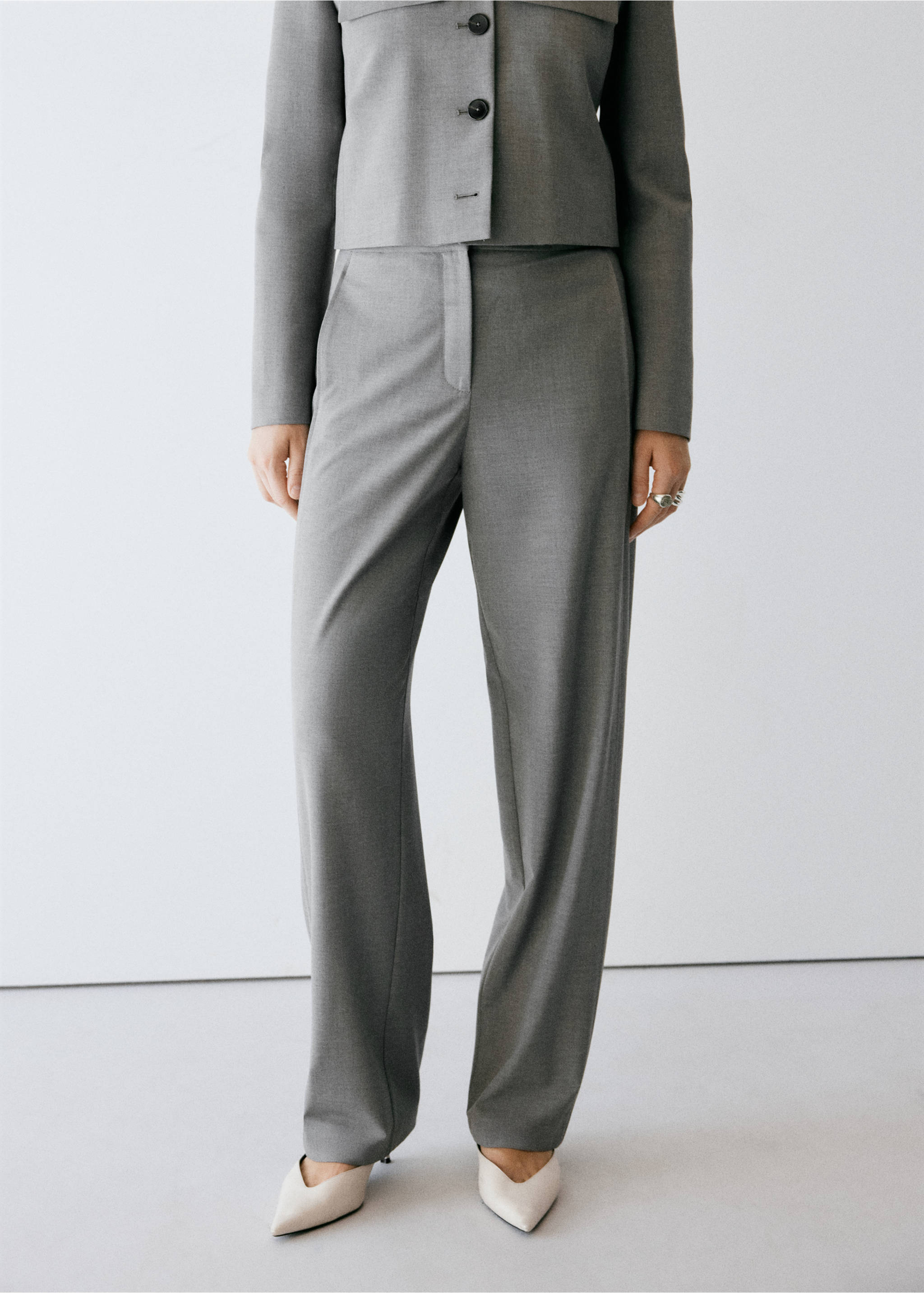 Grey straight-leg trousers with a clean waistband and side pockets., Grey. Ref: 37035883-02.