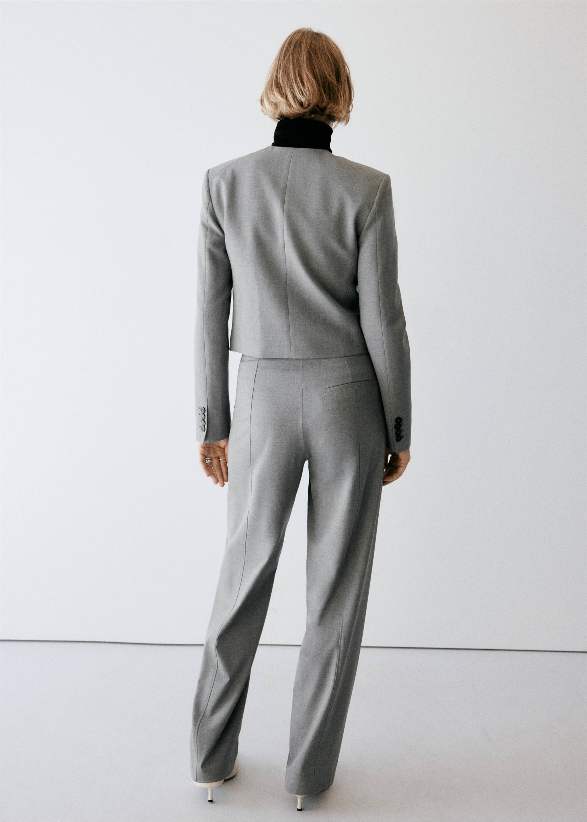 Grey trousers with straight fit and back welt pockets, shown from the back., Grey. Ref: 37035883-02.