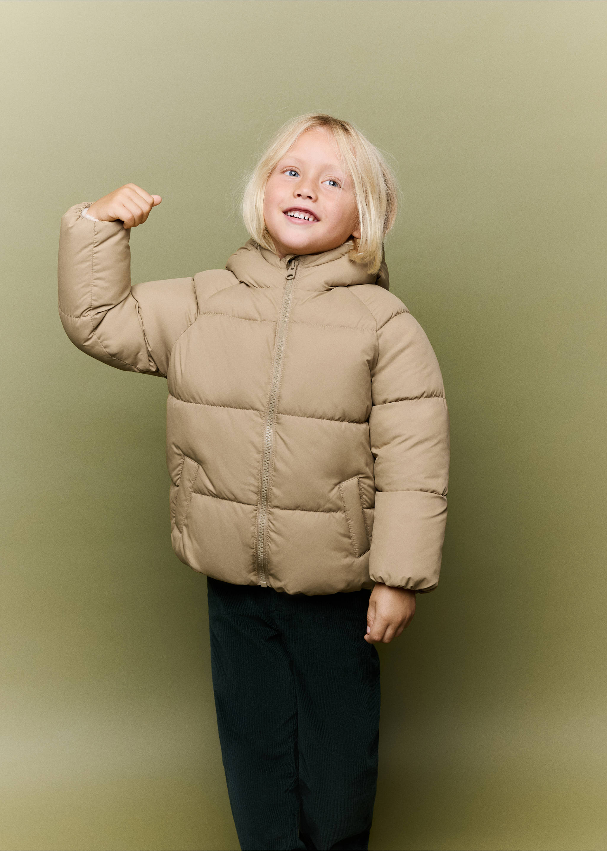 Beige hooded padded anorak with horizontal quilting and front zip., Sand. Ref: 37035973-00.