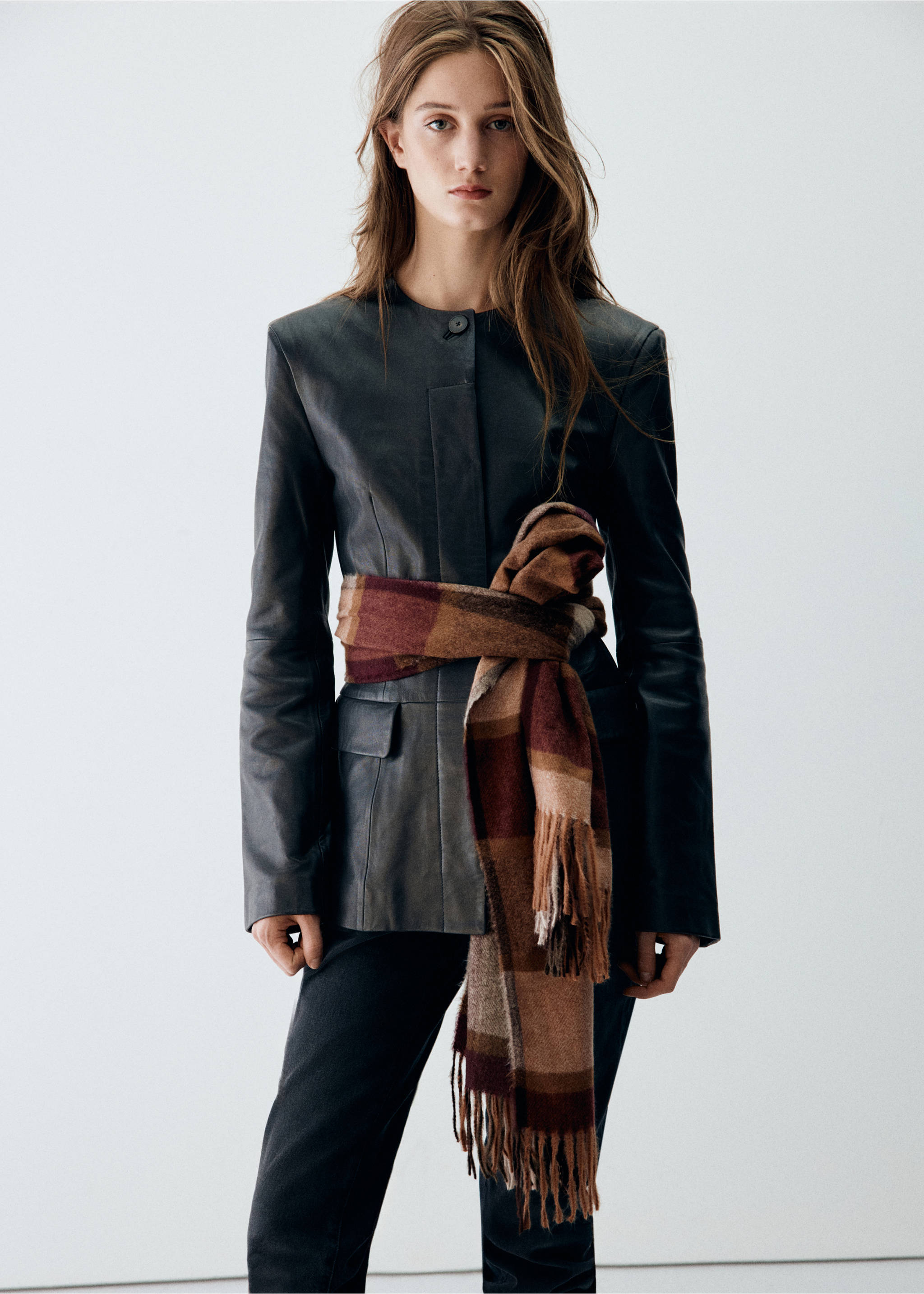 Brown checked scarf wrapped around the waist as a belt., Burgundy. Ref: 37035979-00.