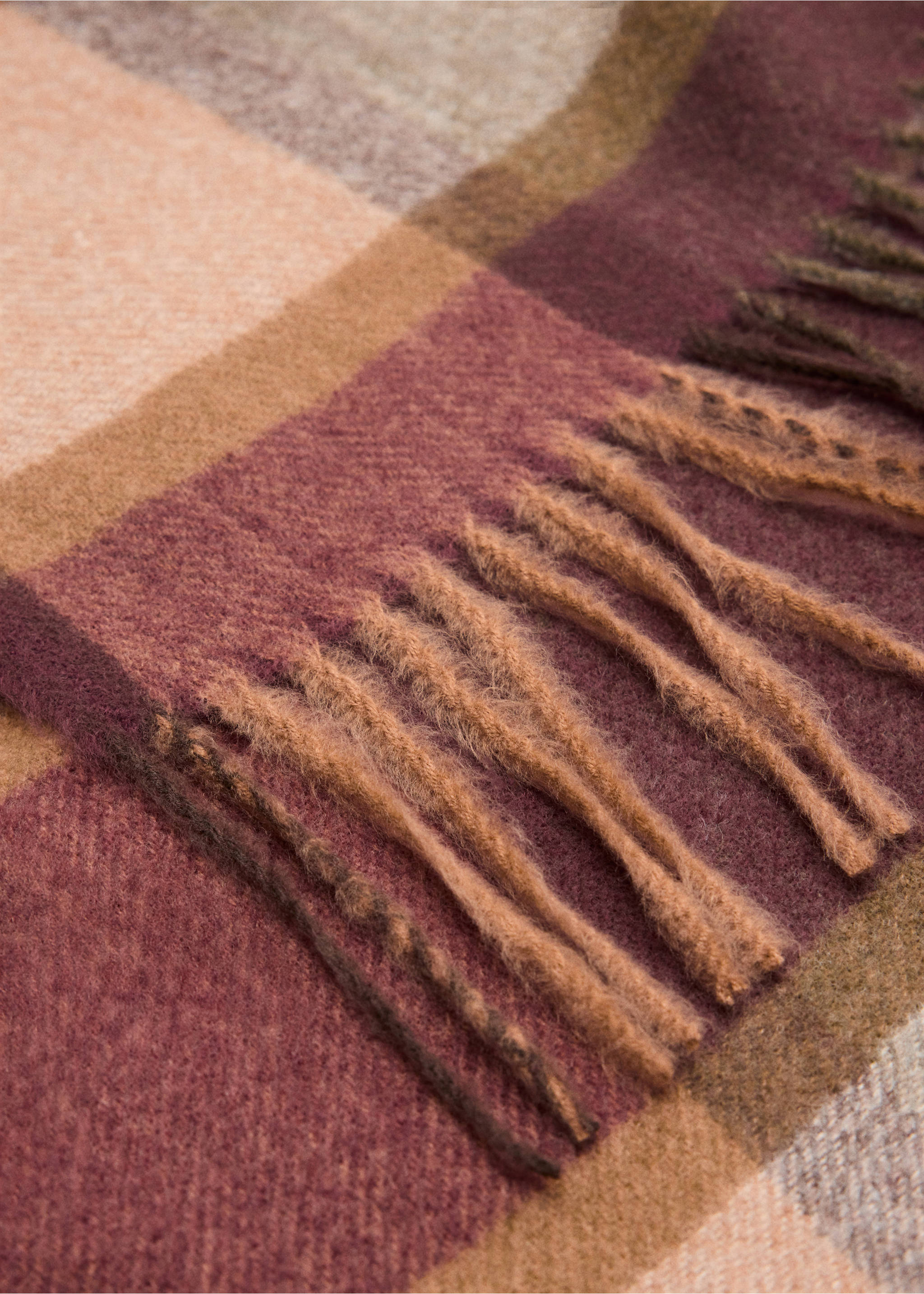 Fringed check scarf - Medium plane, Burgundy. Ref: 37035979-00.