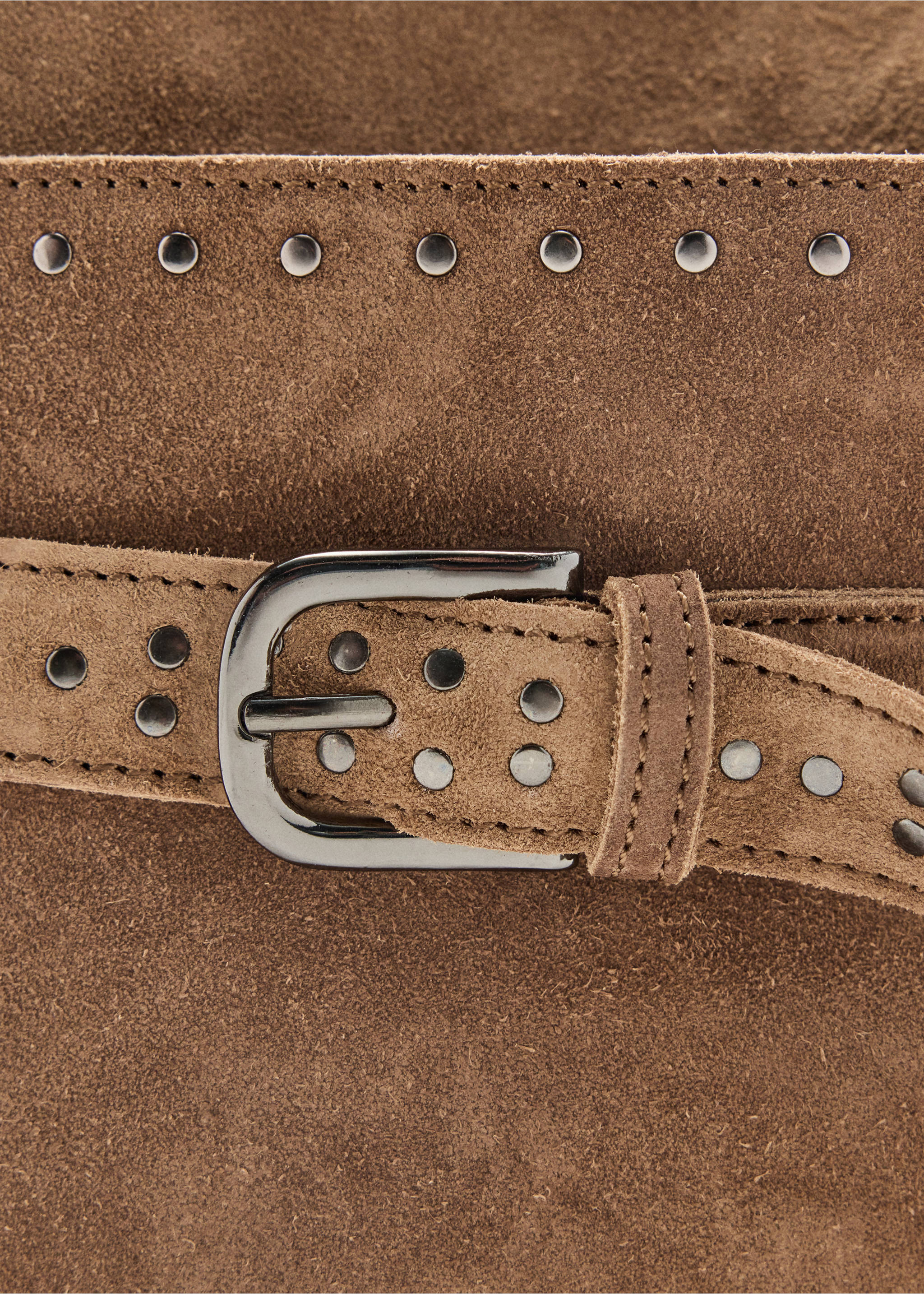 Brown suede tote bag detail with stud and buckle accents., Sand. Ref: 37035980-00.