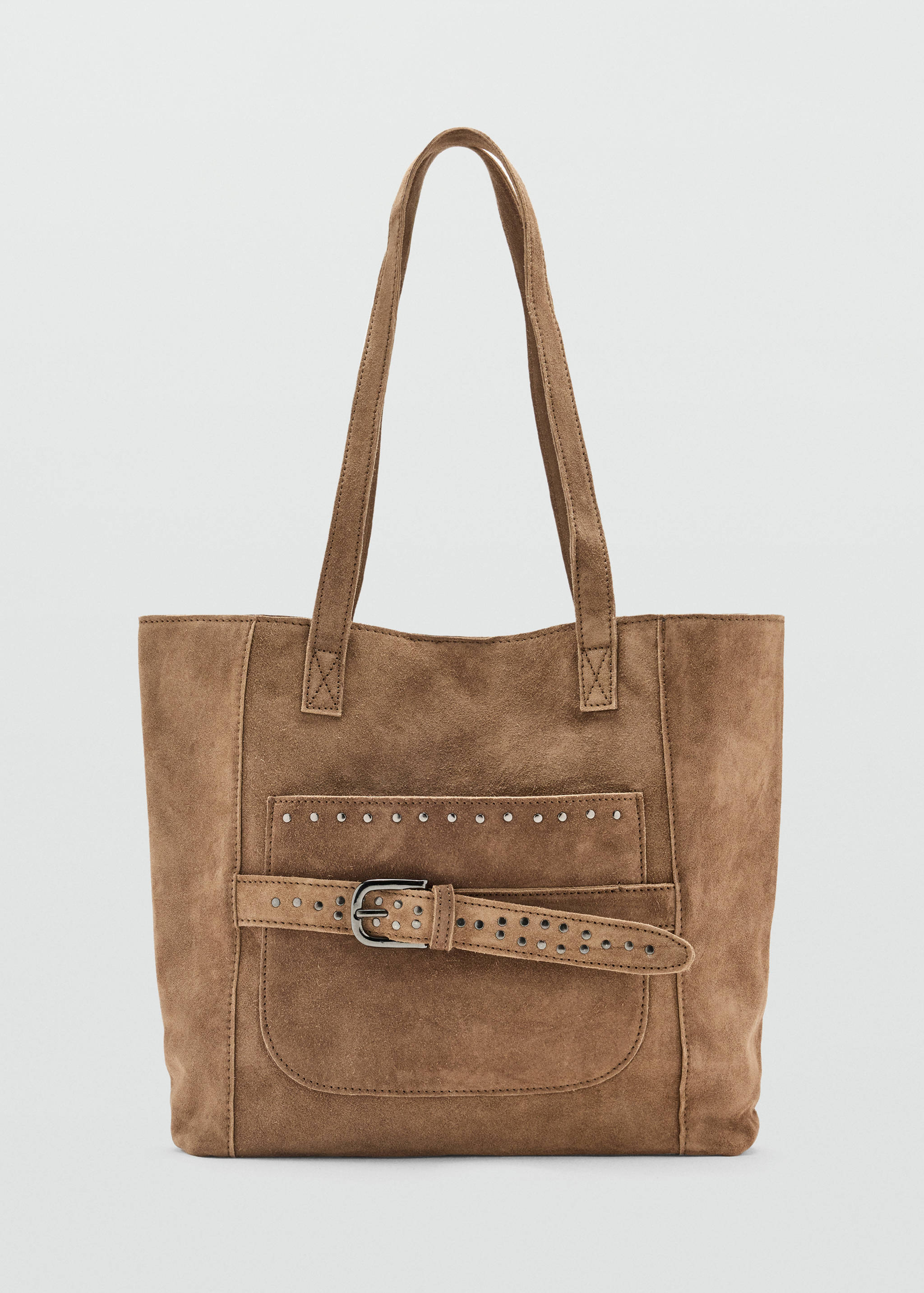 Brown tote bag with shoulder straps, front pocket, metal studs, and buckled strap.