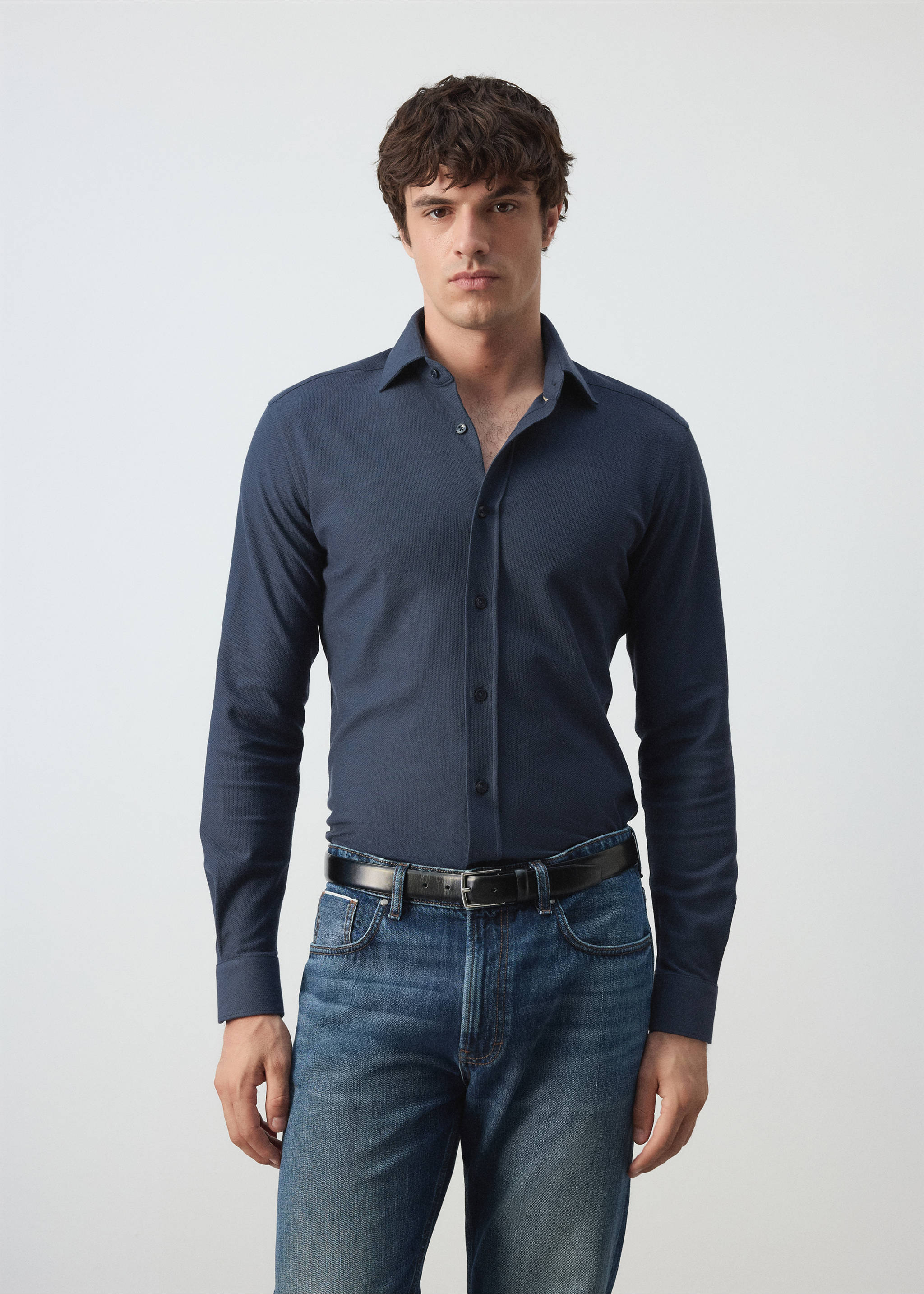 100% cotton slim-fit shirt - Medium plane, Navy. Ref: 37035986-00.
