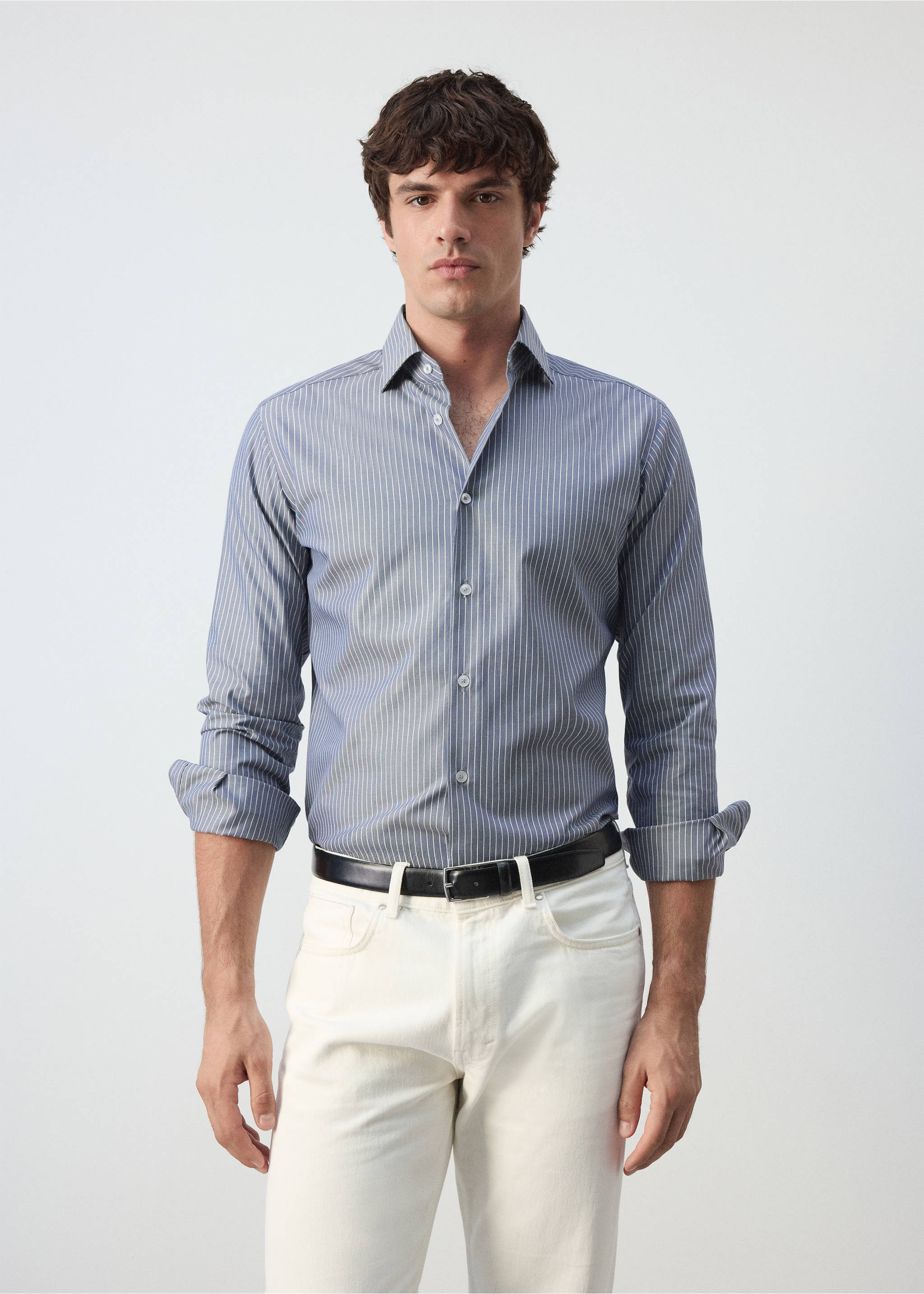 100% cotton slim-fit striped shirt - Medium plane, Sky Blue. Ref: 37035987-00.