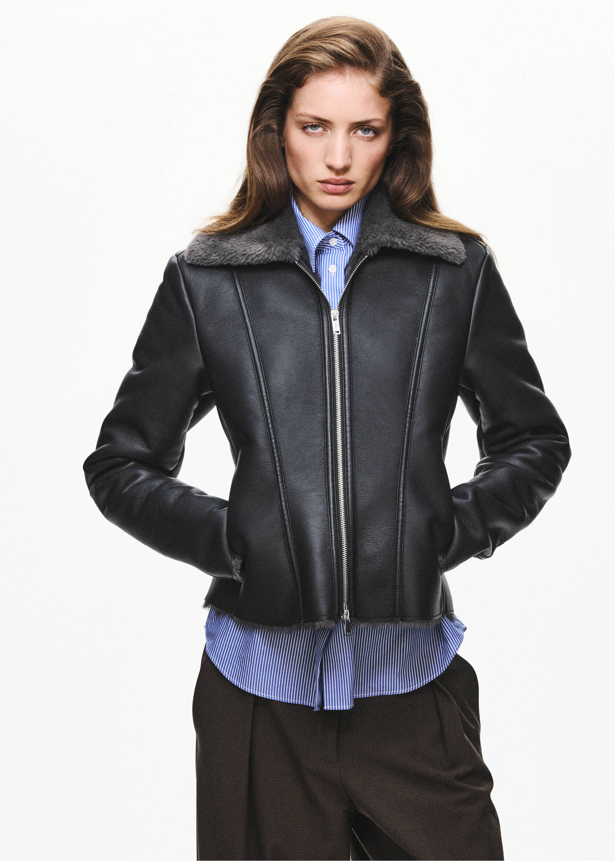 Faux leather jacket with fur lining - Medium plane, Black. Ref: 37035991-01.