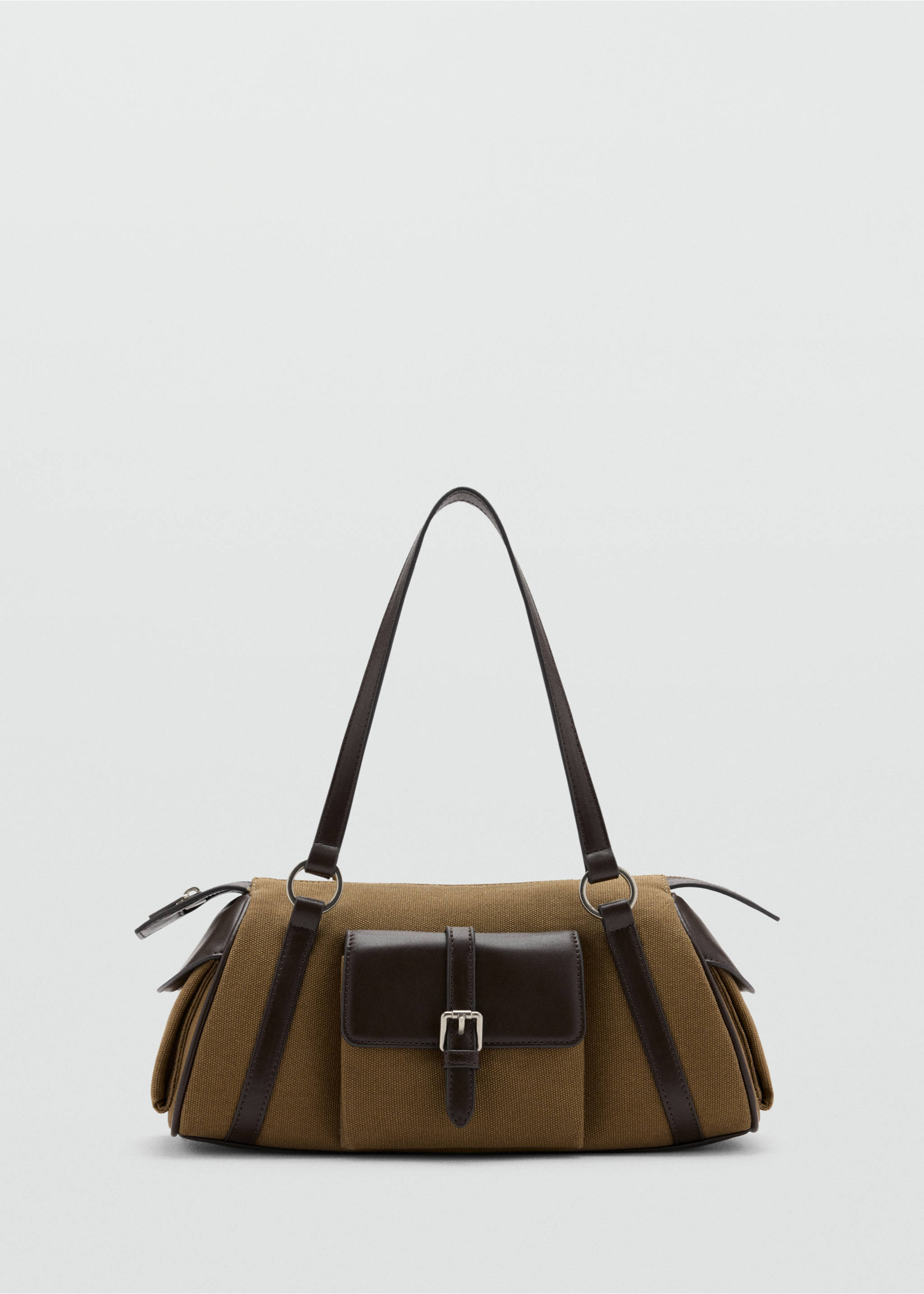 Khaki canvas shoulder bag with dark brown trim and buckled front pocket., Khaki. Ref: 37036010-00.